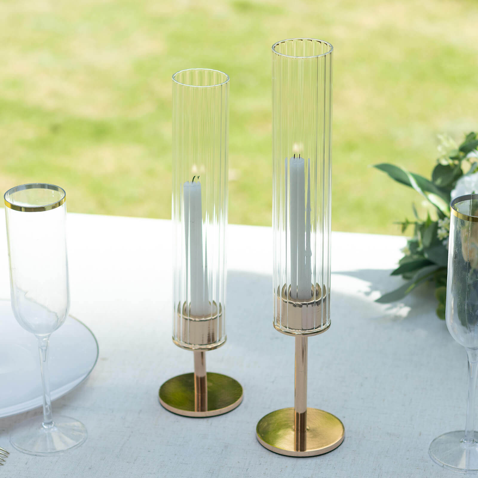 2-Pack Clear Ribbed Glass Hurricane Shades Open End Design - Stylish Candelabra Pillar Candle Holder Table Centerpiece 10"