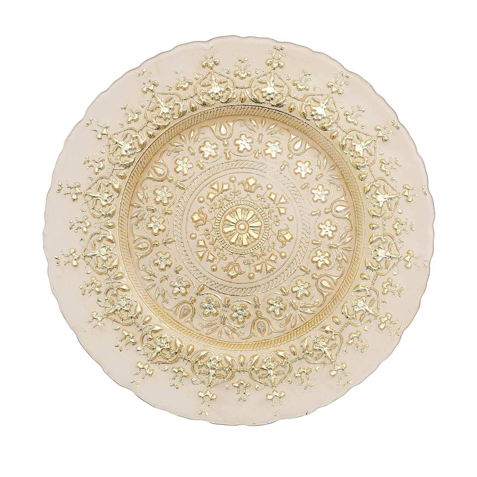8-Pack Glass Round Charger Plates 13" in Gold with Monaco Style Ornate Design, Classy Decorative Dinner Chargers