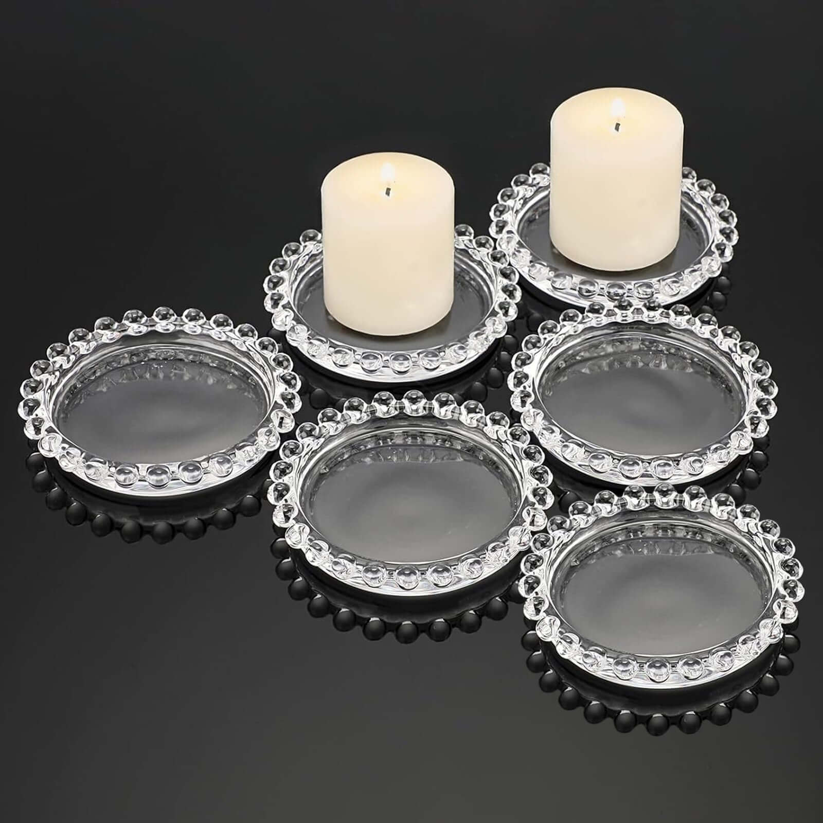 6-Pack Glass Pillar Candle Holder Plates Clear with Beaded Rims - Transparent Small Round Coaster Trays 4"
