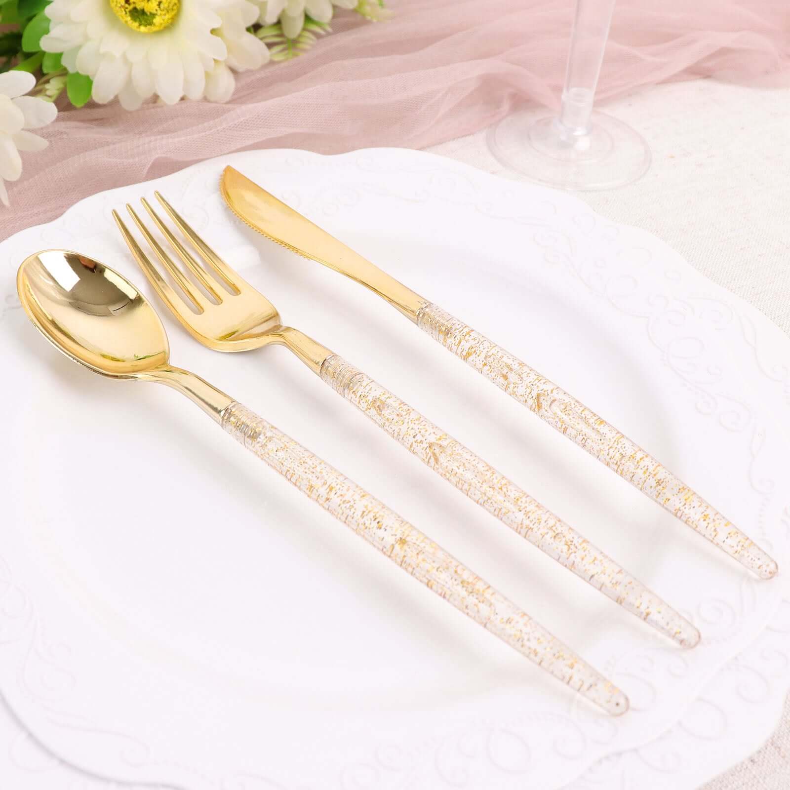 24-Pack Plastic Cutlery Set Metallic Gold with Gold Glitter - Stylish Disposable Silverware Pack 8"