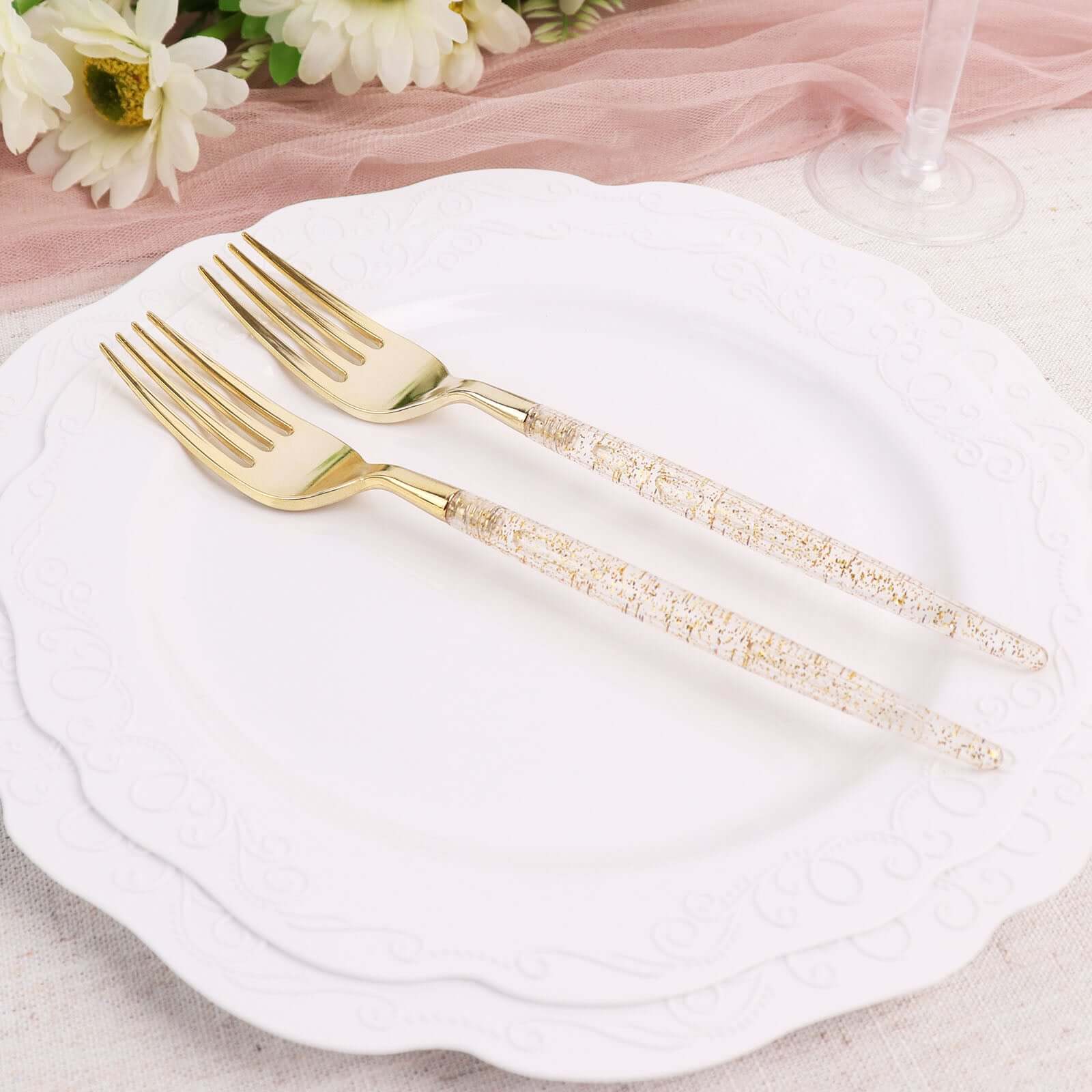 24-Pack Plastic Forks with Gold Glitter - Disposable Silverware Cutlery for Events