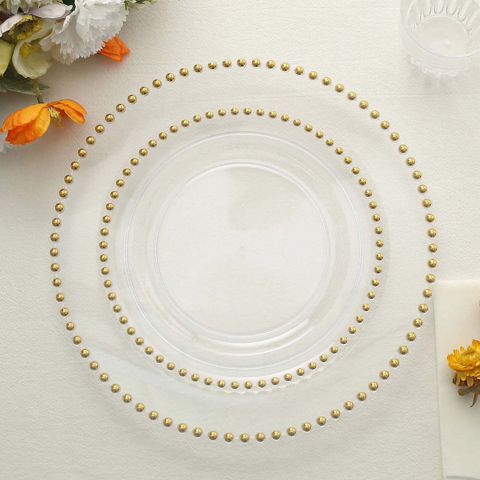 10-Pack Clear Plastic Dessert Plates – 8" Round with Gold Beaded Rim, Disposable for Parties & Events