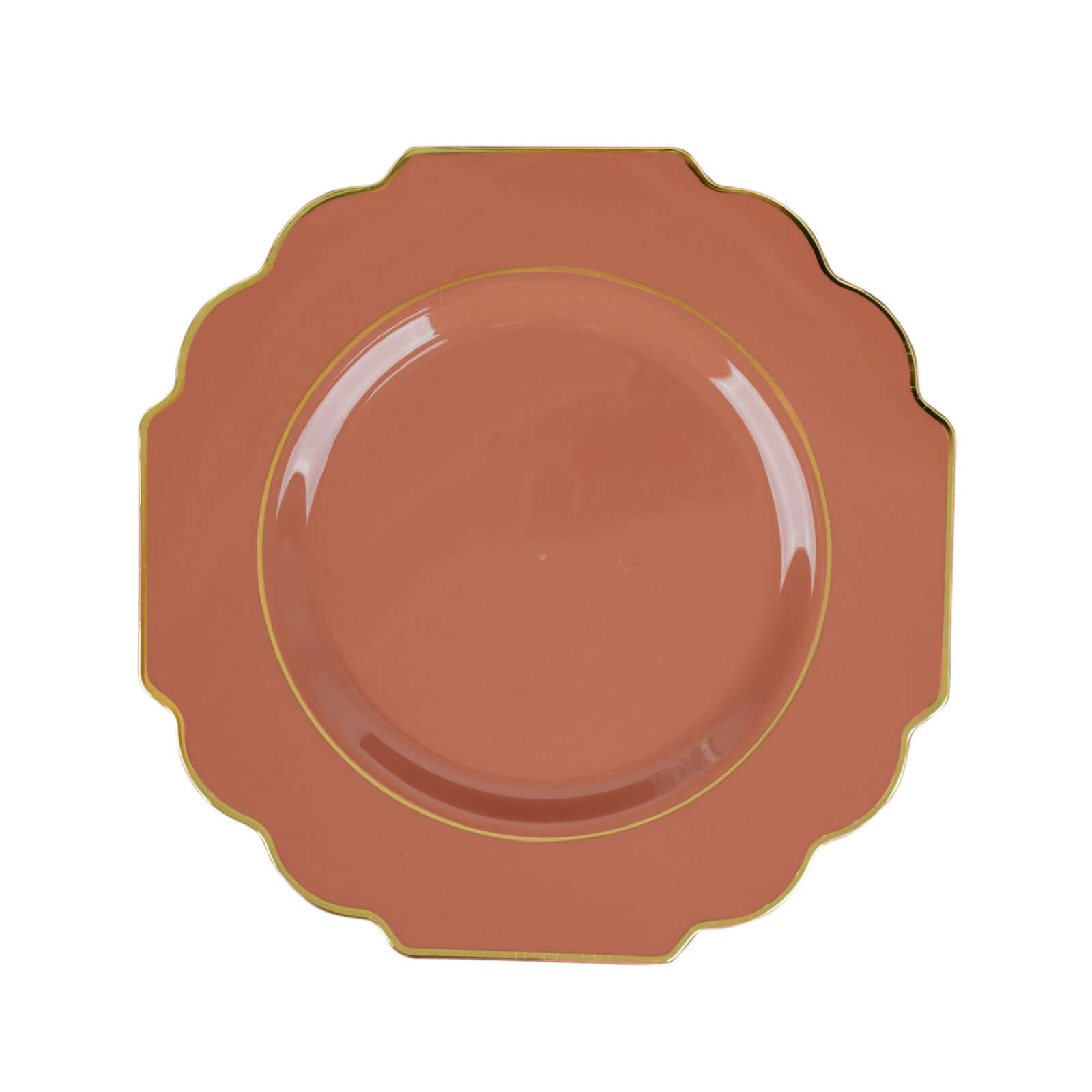 10-Pack Plastic Dinner Plates in Terracotta (Rust) Baroque Design with Scalloped Gold Rim - Heavy Duty Disposable Party Plates 11"