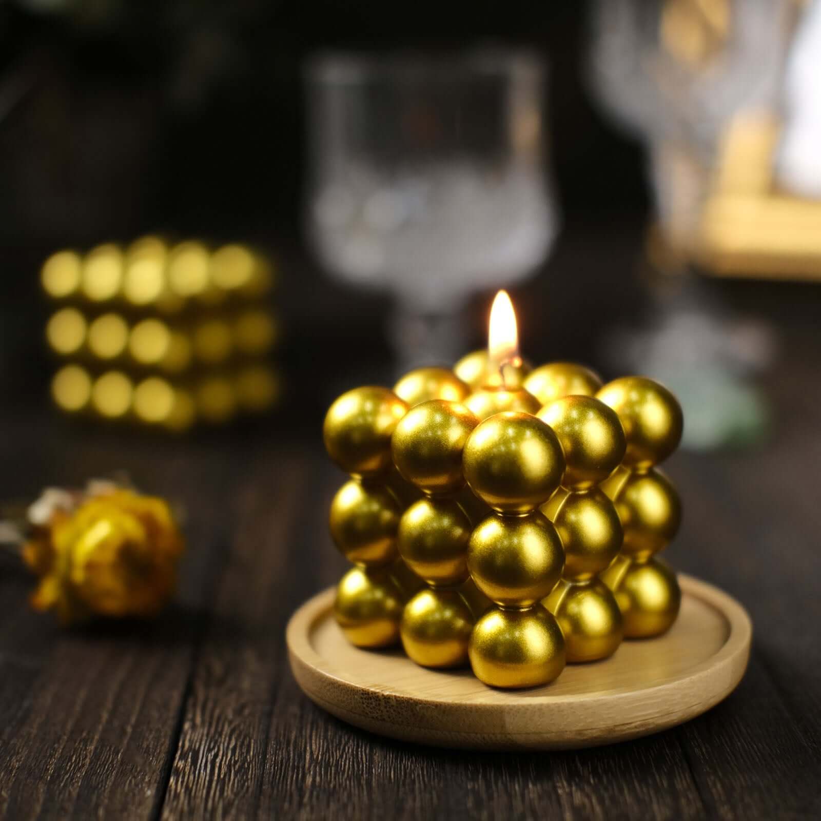 2-Pack Decorative Paraffin Wax Candles Bubble Cube Design Metallic Gold - Unscented Long Burning Pillar Candle Set 2"