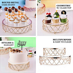 Metal Cake Stand Geometric Diamond Cut Design Gold with Glass Top - Dessert Display Riser 14"