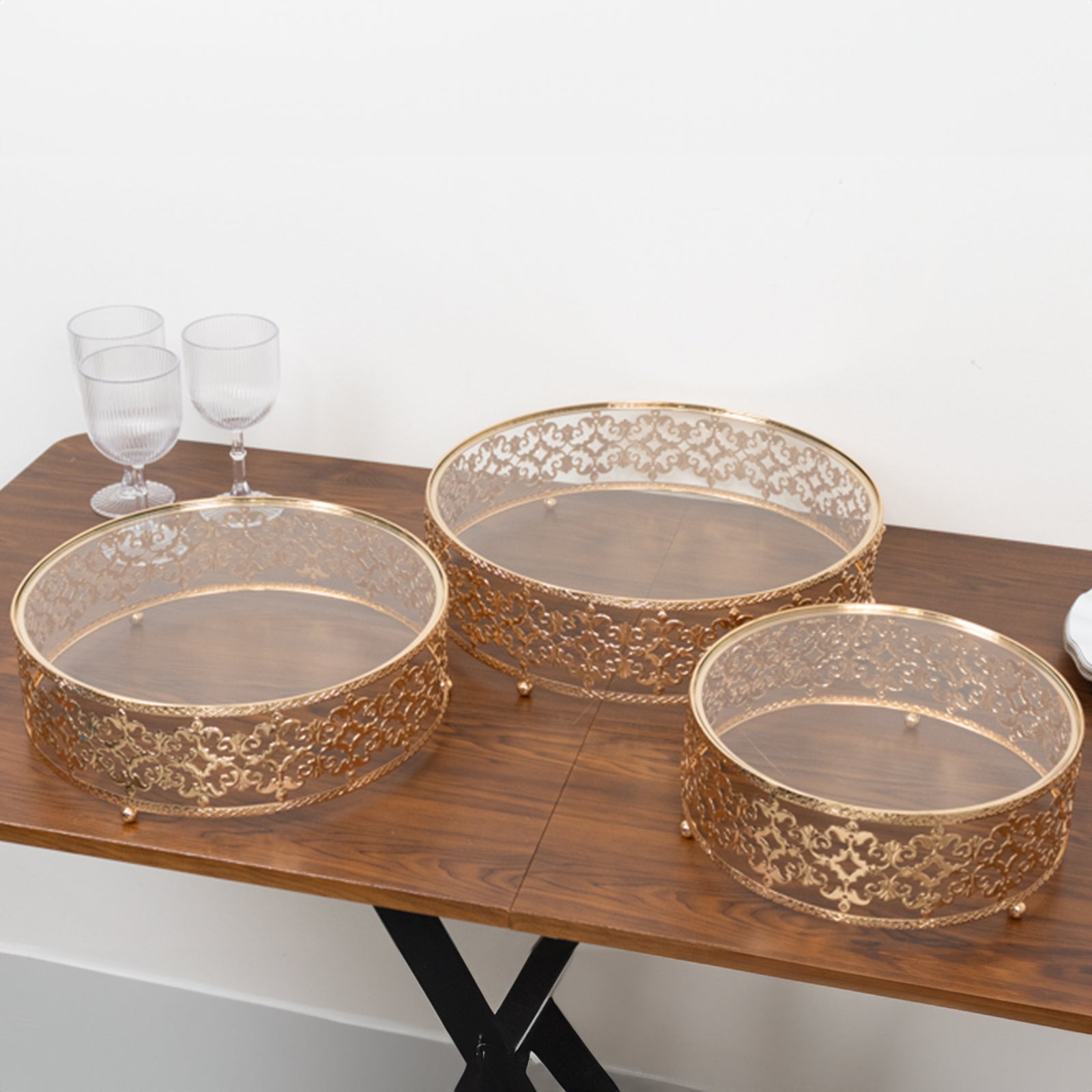 Set of 3 Cake Stands Baroque Ornate Design with Glass Top Gold - Stackable Dessert Display Trays Metal 10", 12", 14"