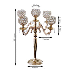 5-Arm Crystal Beaded Globe Candelabra Gold Metal - Chic Candle Holder Table Centerpiece for Gatherings 25"