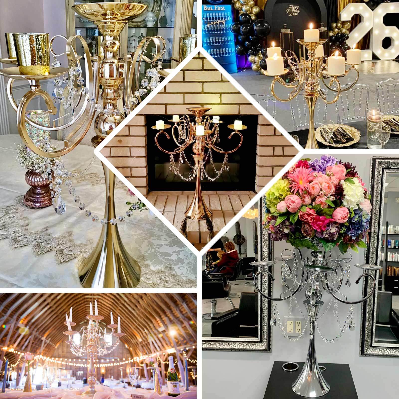 Metal Candelabra 5 Arm Design Gold with Hanging Crystal Drops - Table Centerpiece for Events 27"