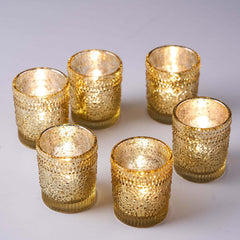6-Pack Gold Glass Votive Tealight Holders - Stylish Primrose Design for Weddings & Décor