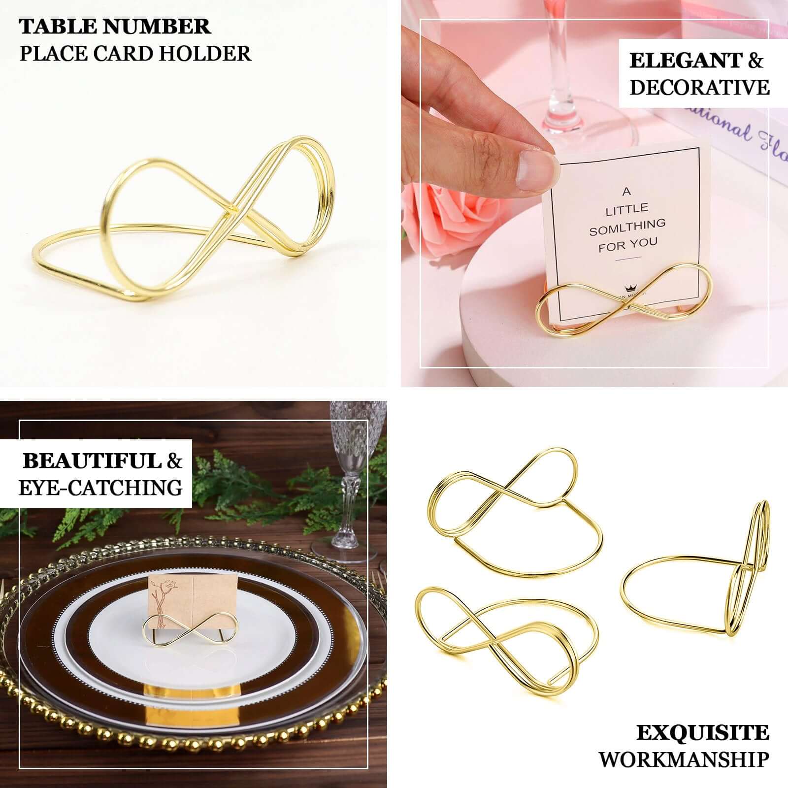 10-Pack Metal Card Holder Stands Infinity Design Gold - Table Number Stands and Wedding Place Card Menu Clips 3"