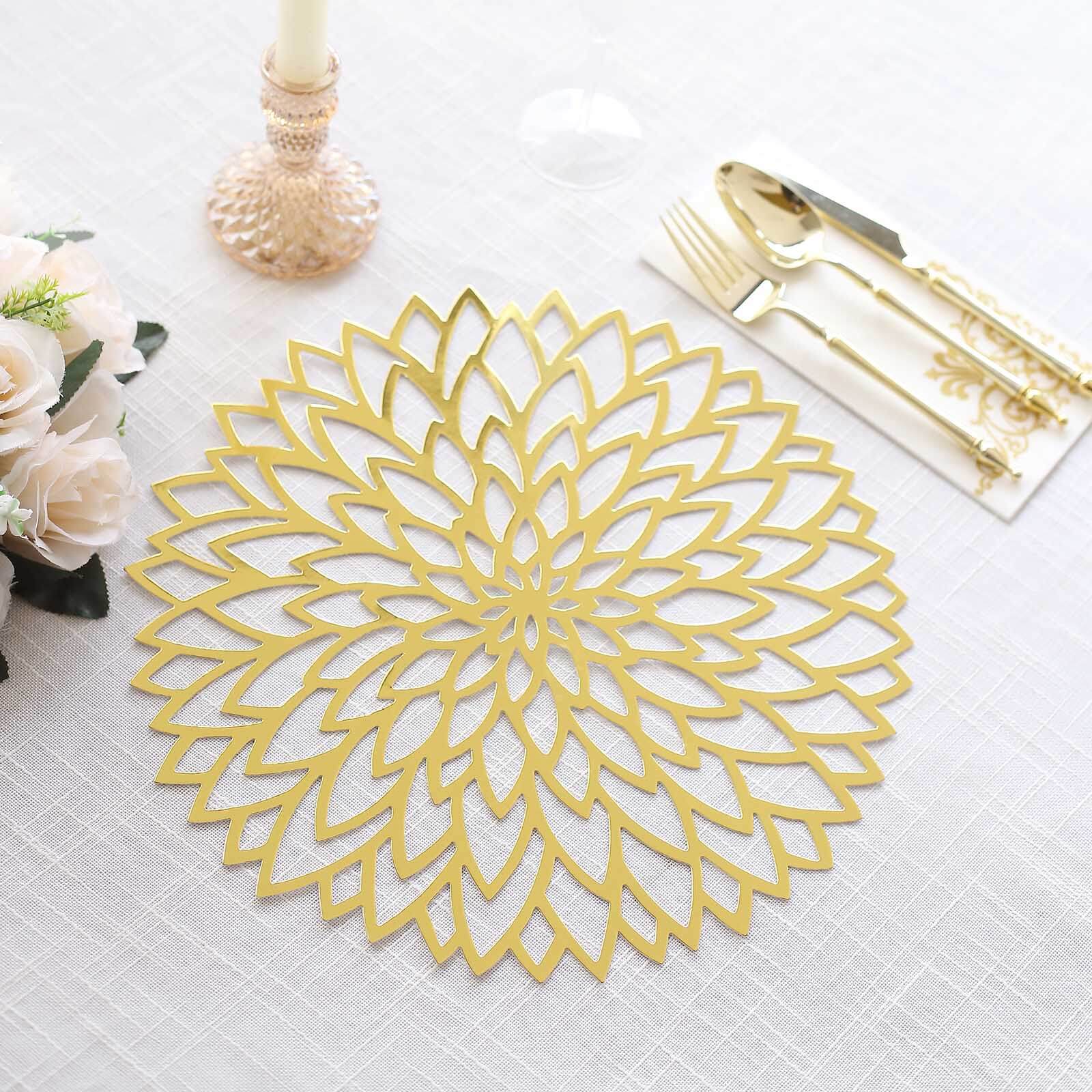 6-Pack Disposable Table Placemats in Metallic Gold with Laser Cut Hibiscus Flower Design - 400GSM Cardboard Placemats for Glamorous Table Decor 13"