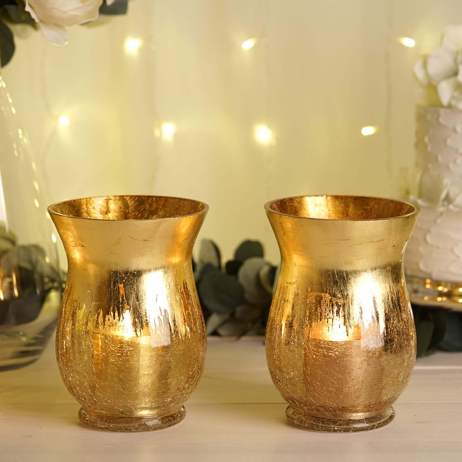 2-Pack Glass Hurricane Vases Bell Shaped Crackle Gold Curvy Design - Stylish Candle Holder Centerpieces 8"