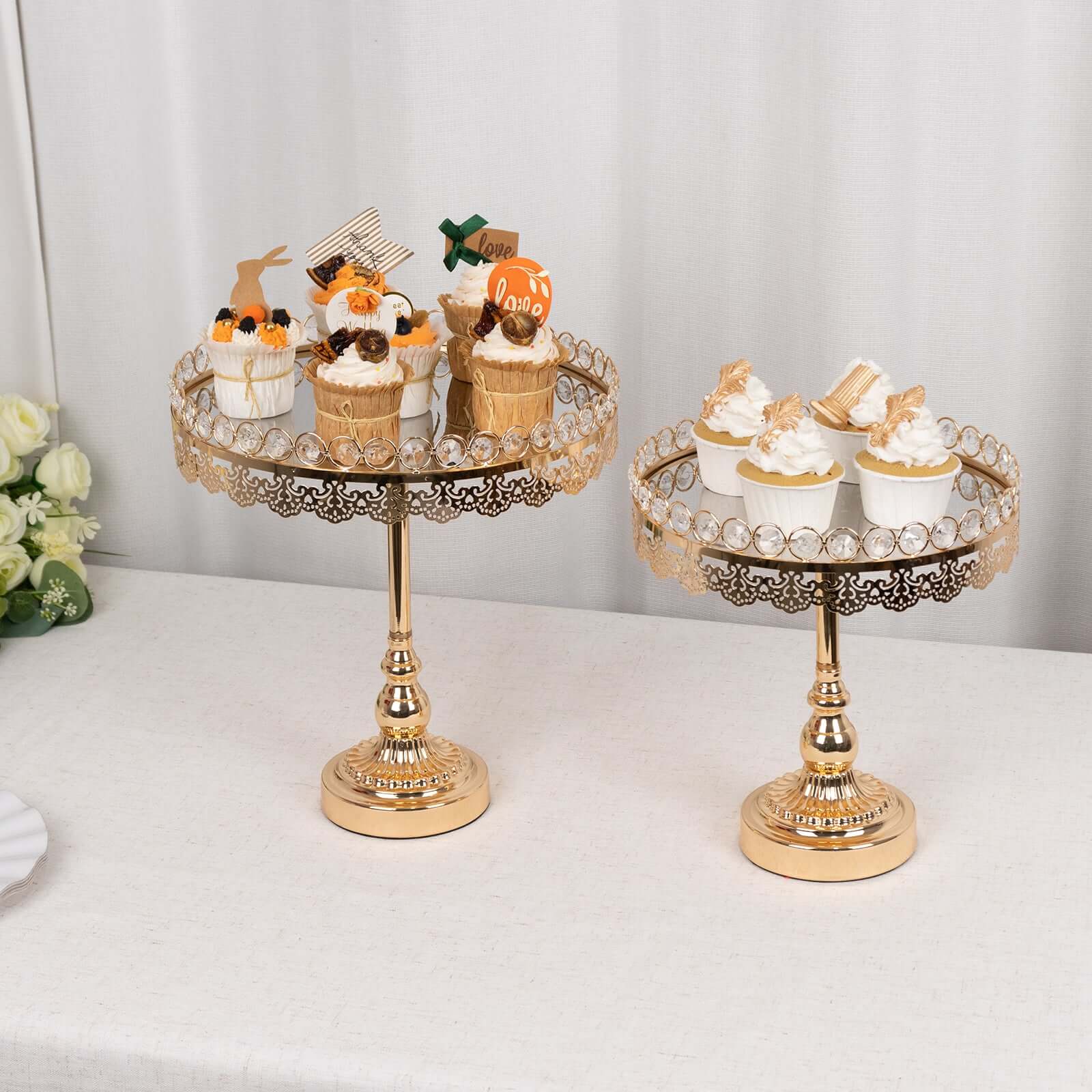 Set of 2 Pedestal Cake Stands Round Design with Mirror Top Gold - Crystal Beaded Cupcake Dessert Display Metal 11", 13"