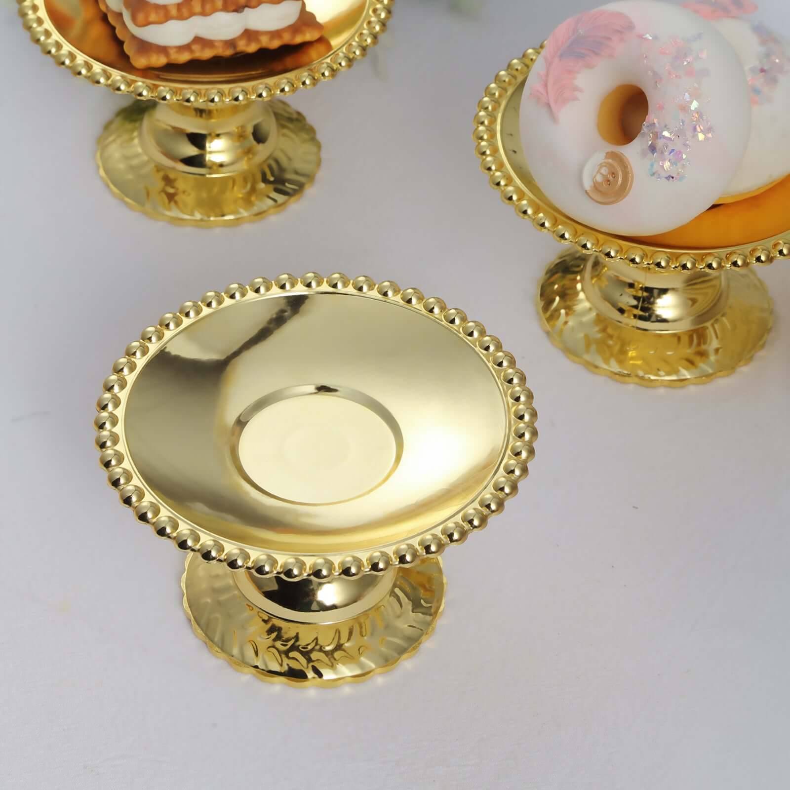 12-Pack Plastic Pedestal Cupcake Plates Mini Gold Mirror Finish Beaded Rim - Great for Displays 5"