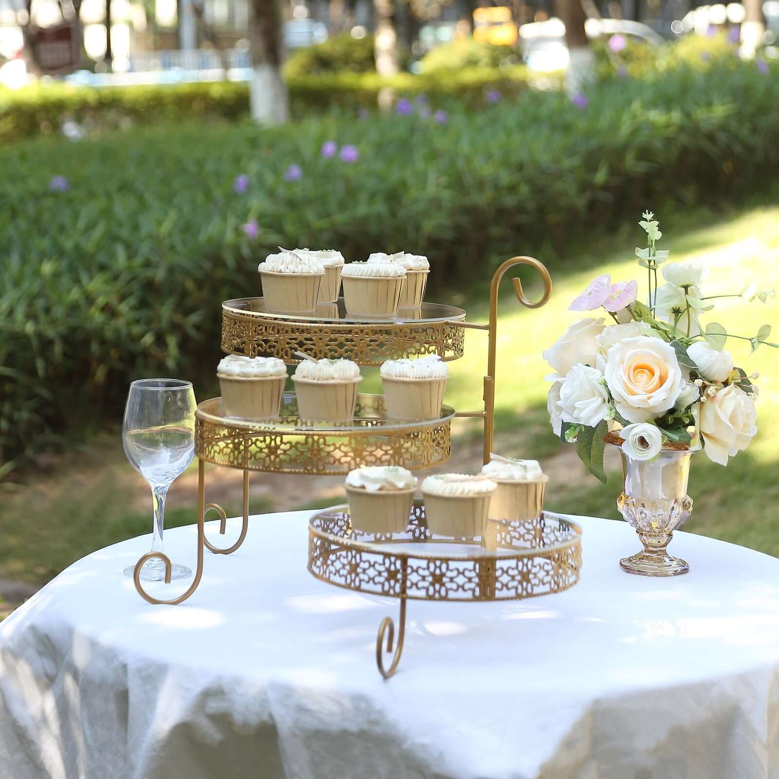 3-Tier Metal Rotating Cupcake Stand with Clear Acrylic Round Plates Gold - Hollow Lace Design Dessert Display 28"