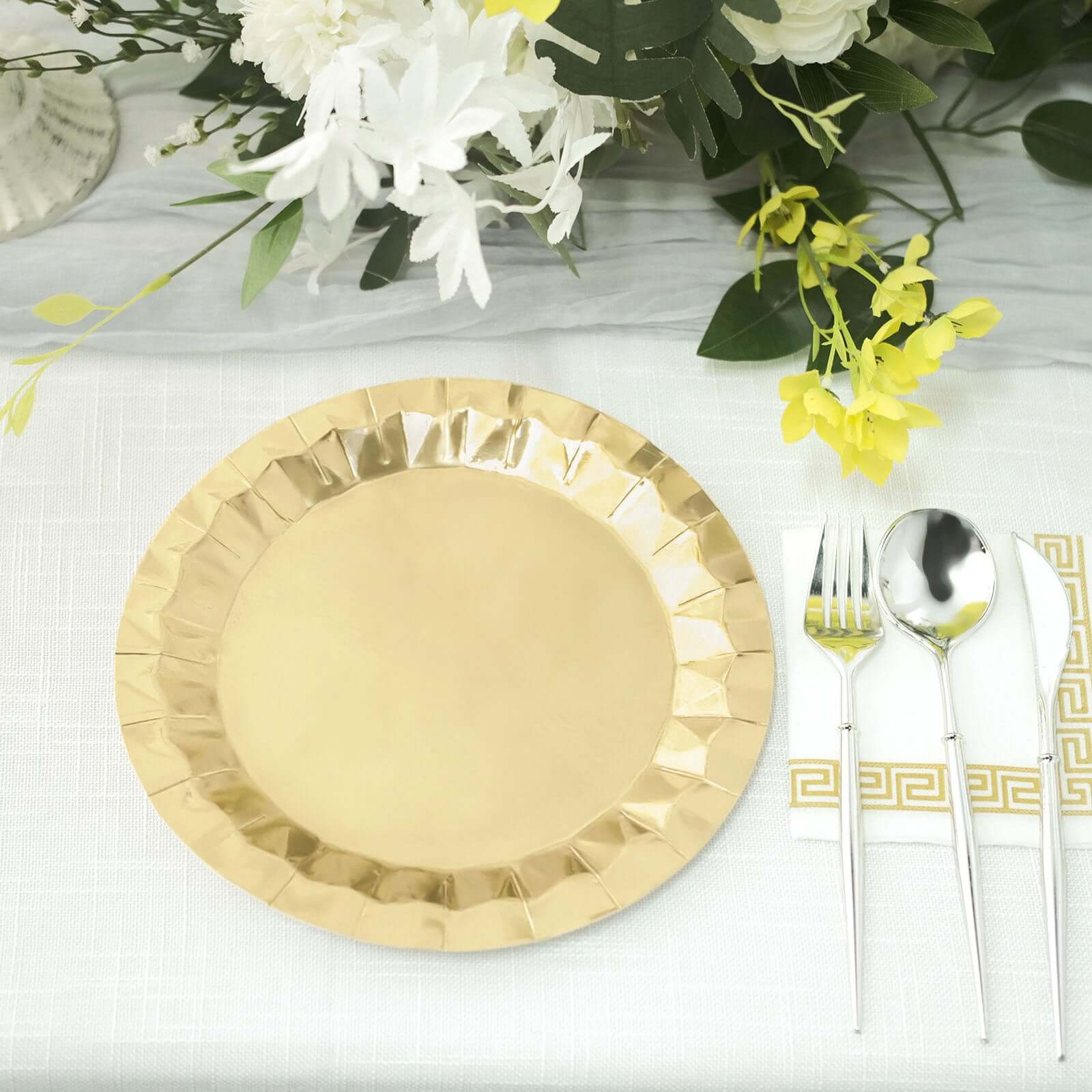 25-Pack Paper 9" Round Dinner Plates in Metallic Gold with Geometric Prism Rim - Disposable 400GSM Party Plates for Banquets & Celebrations
