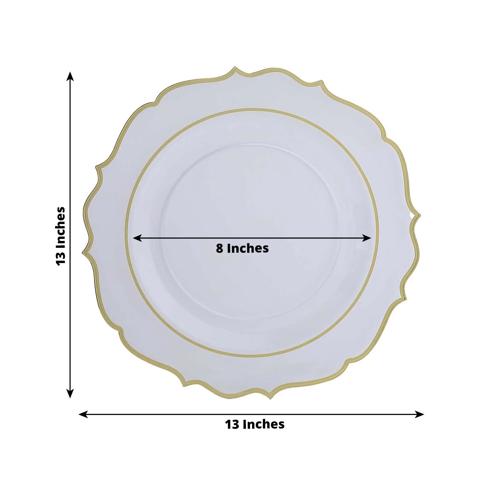 10-Pack Economy Plastic Round Charger Plates 13" in Clear with Gold Scalloped Rim, Decorative Dinner Party Serving Plates