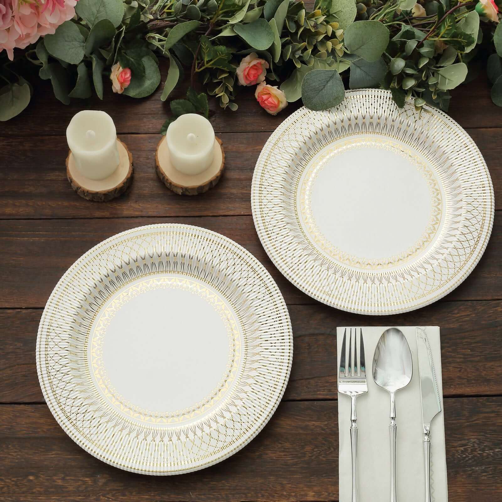 25-Pack Paper 10" Round Dinner Plates in White with Gold Vintage Porcelain Style Rim - Disposable 300GSM Party Plates