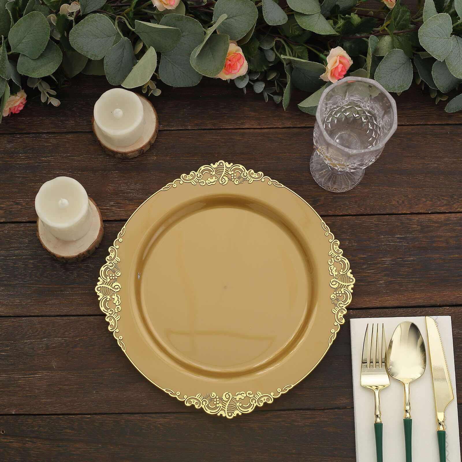 10-Pack Plastic 10" Round Dinner Plates in Gold with Leaf Embossed Rim - Disposable Vintage Baroque Style Plates for Luxurious Gatherings & Events