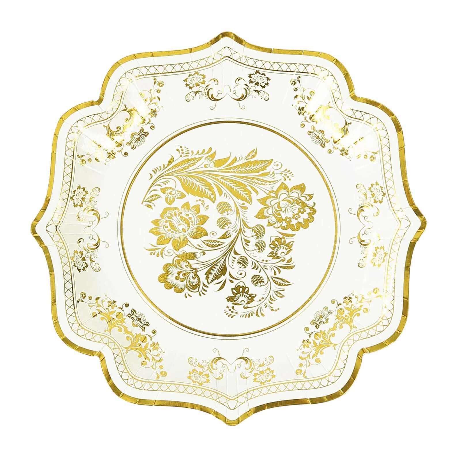 25-Pack Paper Dinner Plates in White Gold Damask Floral Print & Scallop Rim - Stylish Disposable 300GSM Floral Party Plates 10"