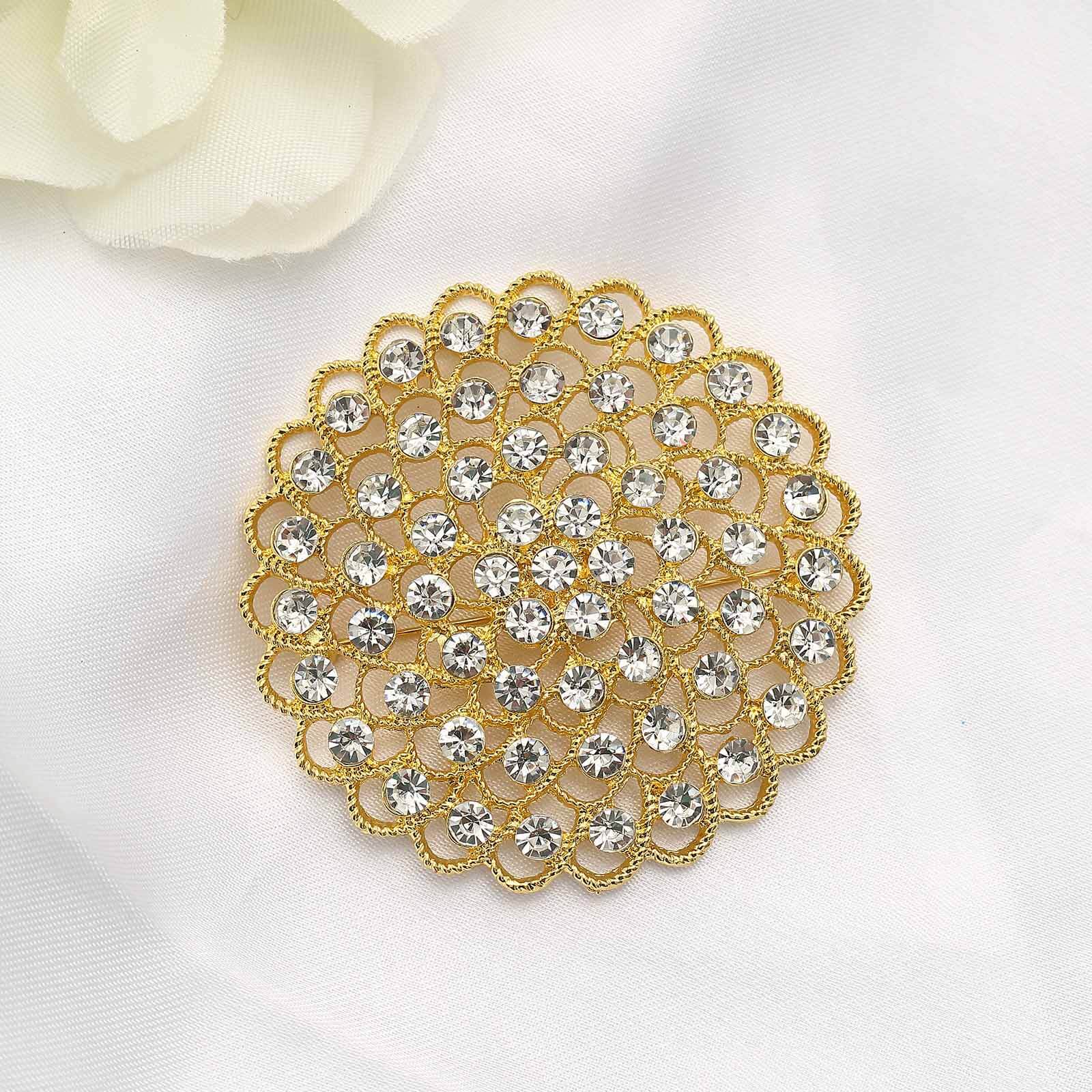 Rhinestone Metal Flower Chair Sash Band Buckle Gold - Glittering Diamond Accent for Weddings & Celebrations 3"