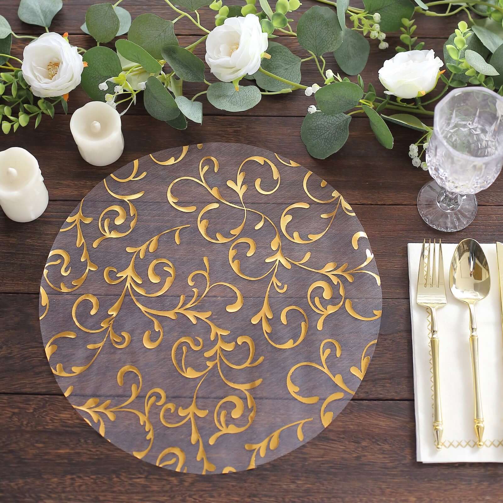 10-Pack Table Placemats Embossed Foil Flower Design Metallic Gold Round - Sheer Organza Disposable Mats 13"