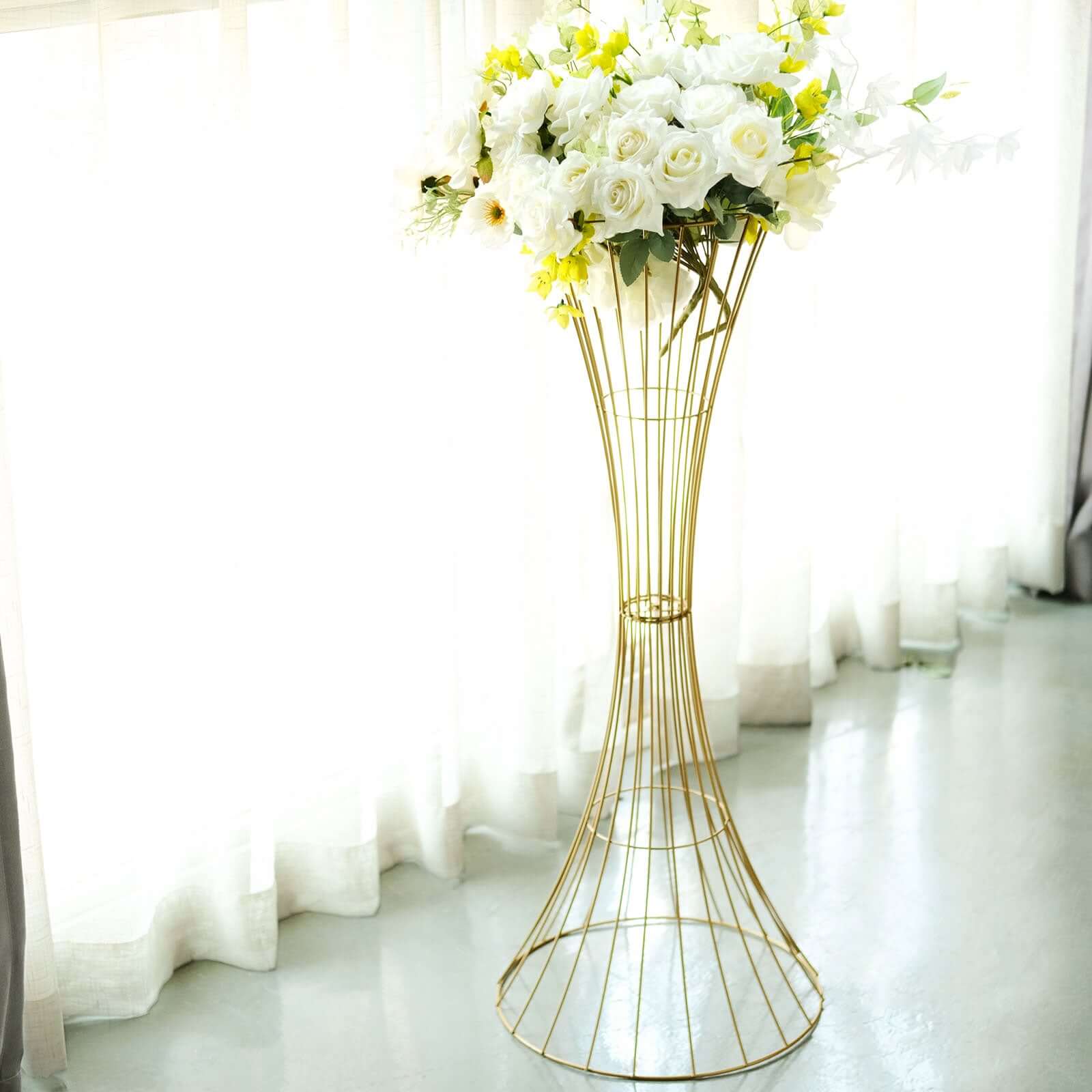 36" Tall Gold Metal Wire Hourglass Flower Frame Stand, Open Frame Reversible Trumpet Centerpiece Stand