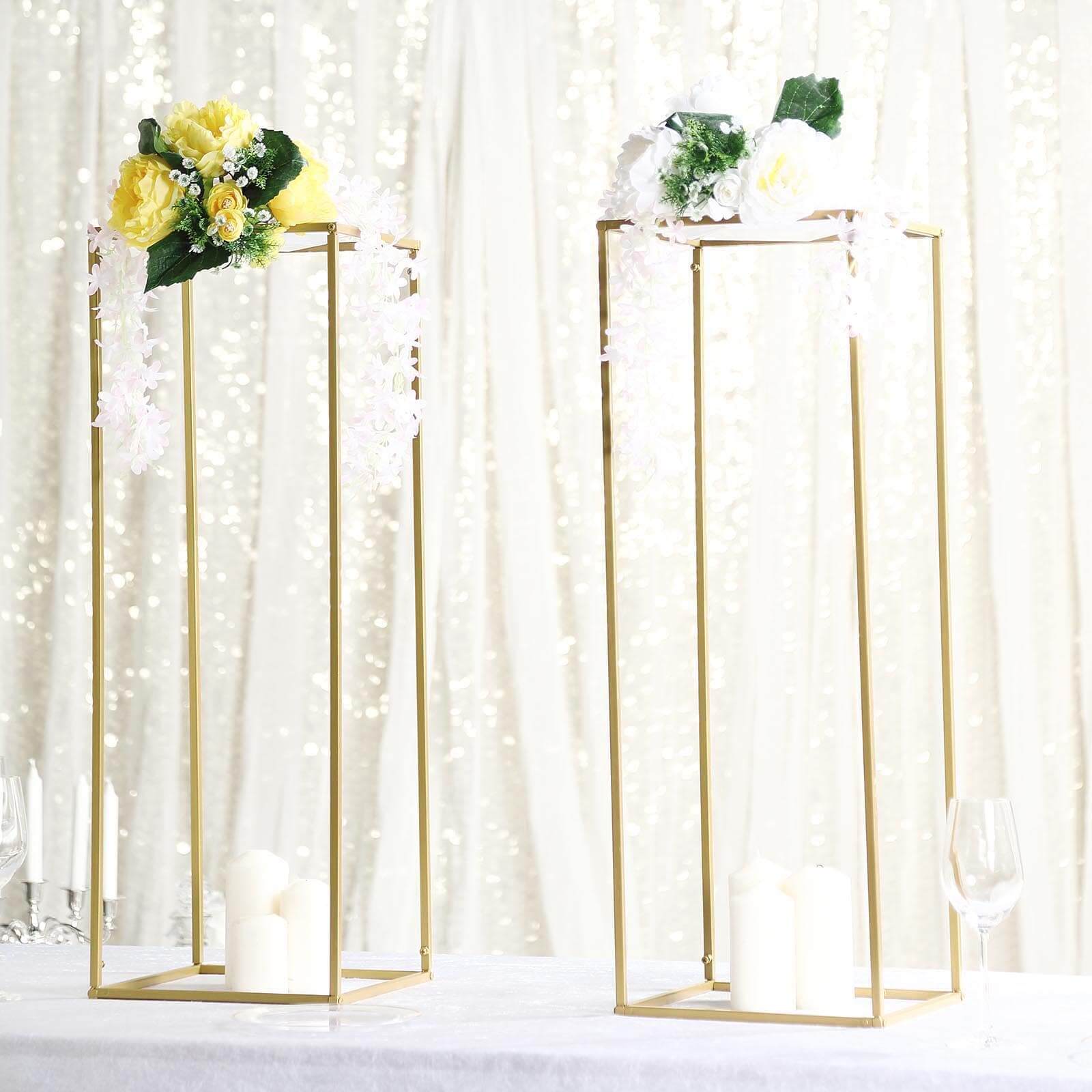 2-Pack Wedding Flower Stand Gold Metal Geometric Column Frame Rectangular - Versatile Floral Pedestal for Sophisticated Arrangements 32"