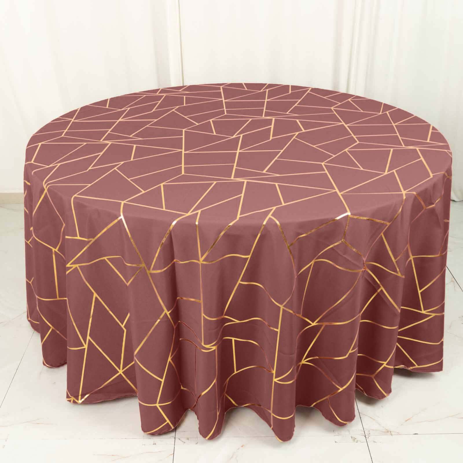 Polyester 120" Round Tablecloth Cinnamon Rose with Gold Foil Geometric Pattern Wrinkle-Resistant Seamless Table Cover