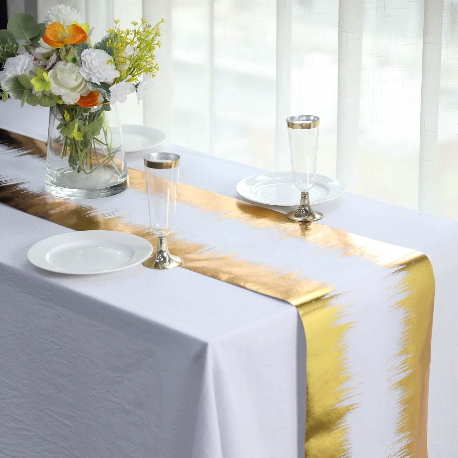 Disposable Table Runner Roll 108" Metallic Gold Foil Icicle Pattern - Stylish Non-Woven Table Decor for Special Occasions