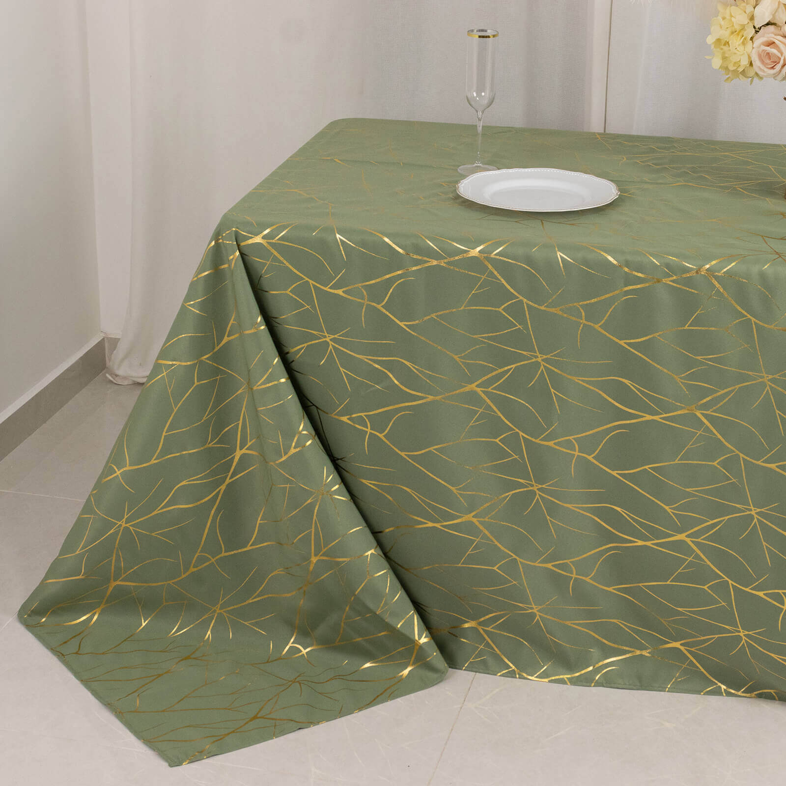 Polyester 90"x132" Rectangle Tablecloth Dusty Sage Green with Gold Foil Tree Branch Pattern - Wrinkle-Resistant Seamless Table Cover