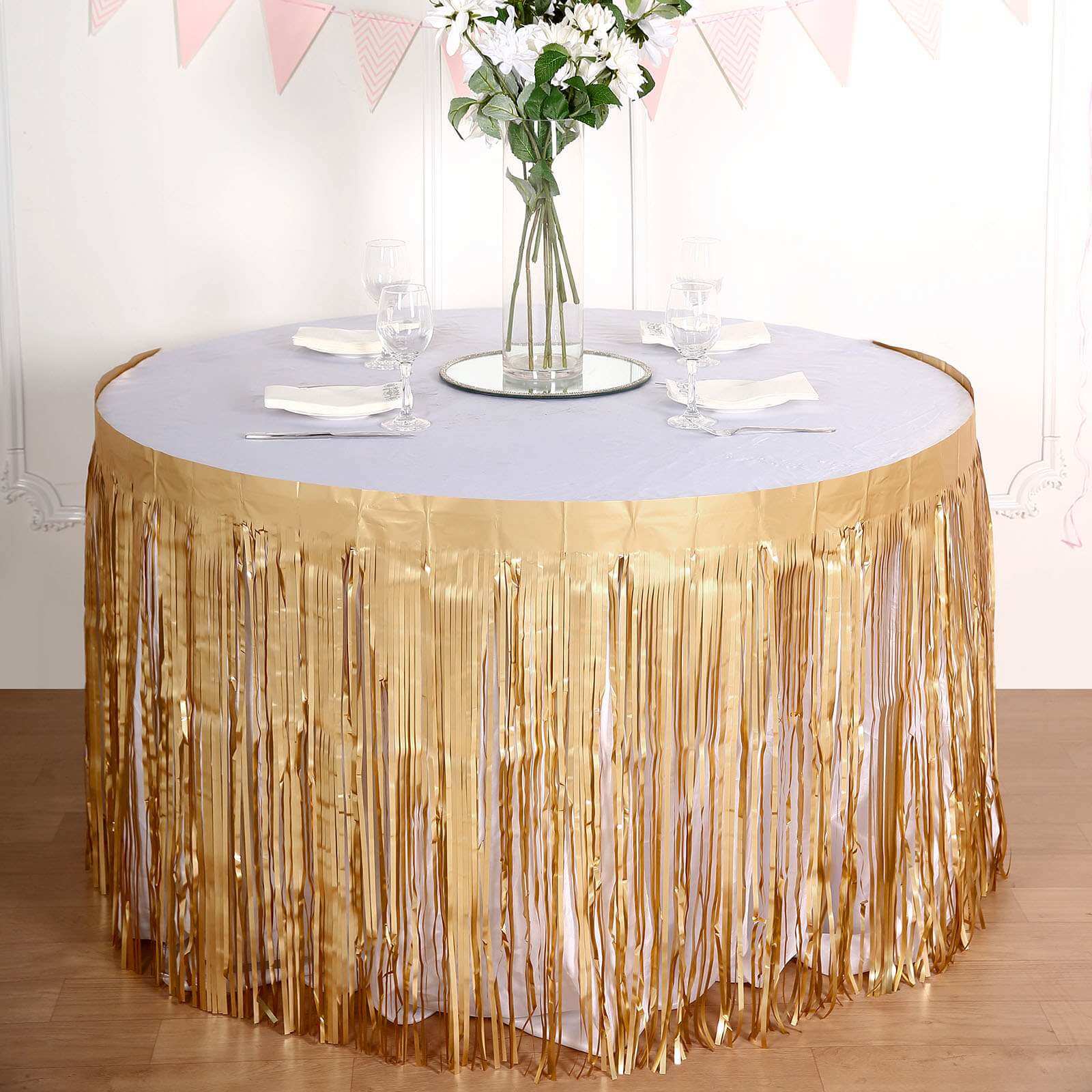 Metallic Foil Fringe Table Skirt Matte Gold with Self Adhesive Backing - Durable Tinsel Skirt for Parties 30"x9ft
