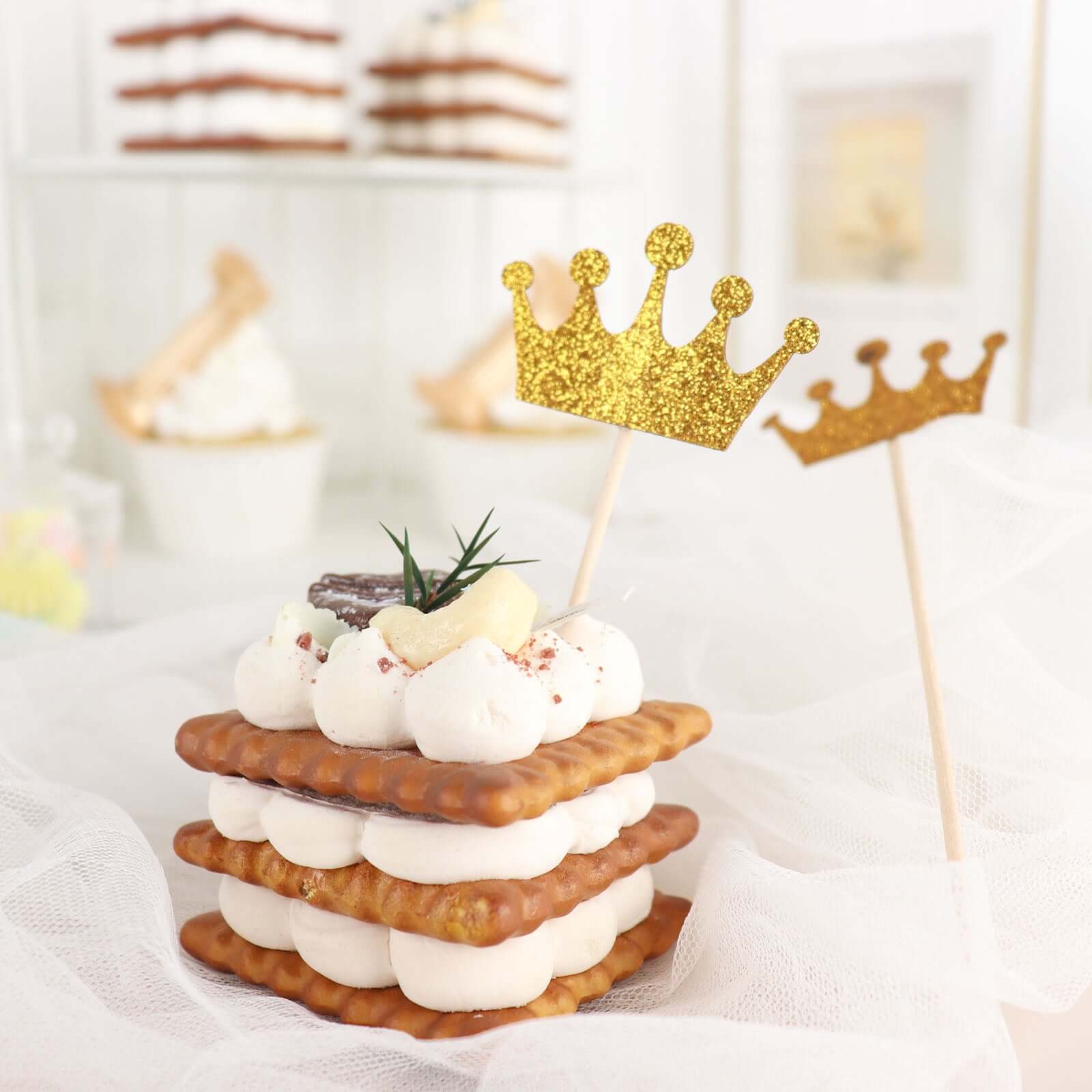 24-Pack Cupcake Topper Picks Royal Crown Design Glitter Gold - Party Cake Toppers 5"
