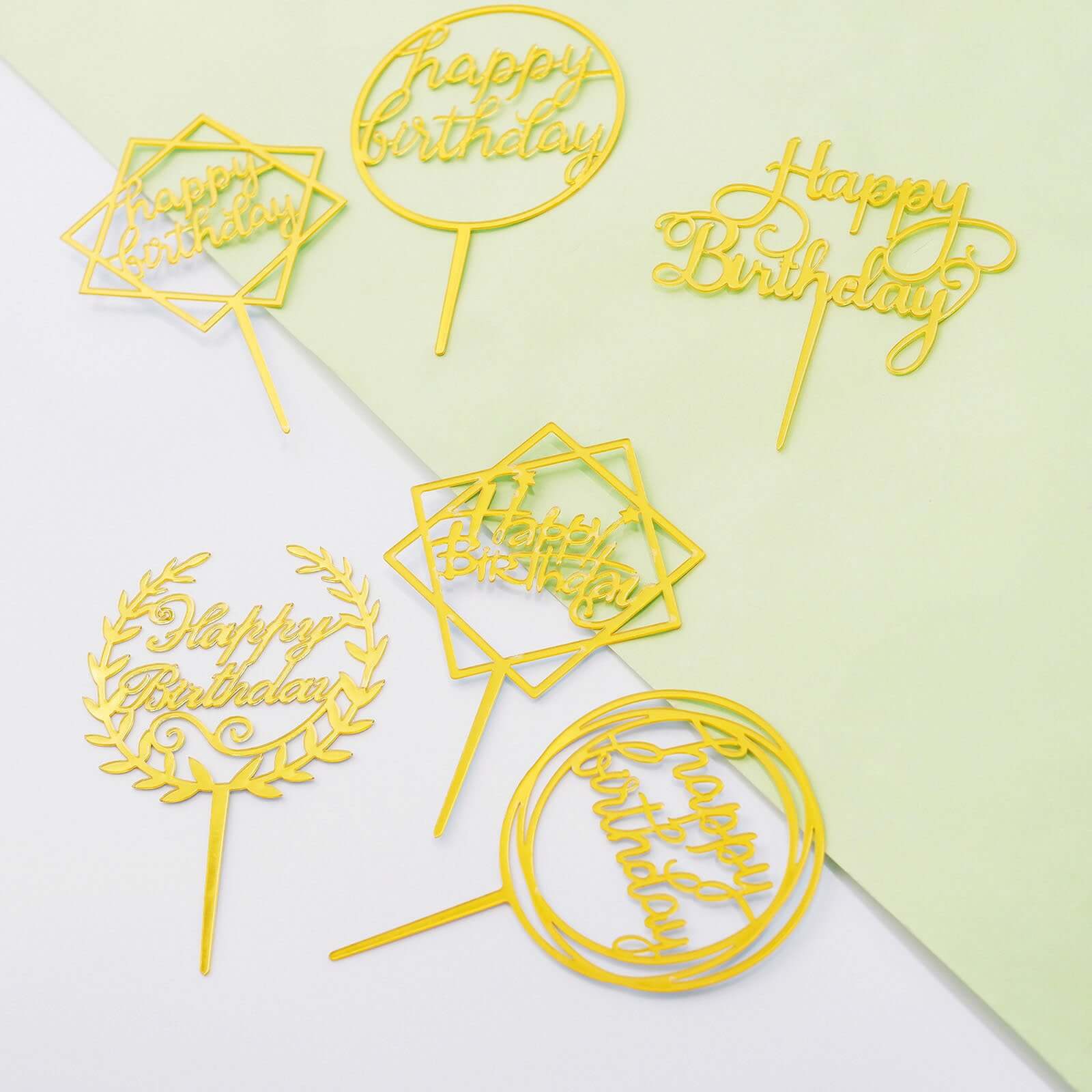 6-Pack Acrylic Happy Birthday Cake Toppers Gold Assorted Styles - Fun Reusable Cake Inserts for DIY Party Decoration Supplies