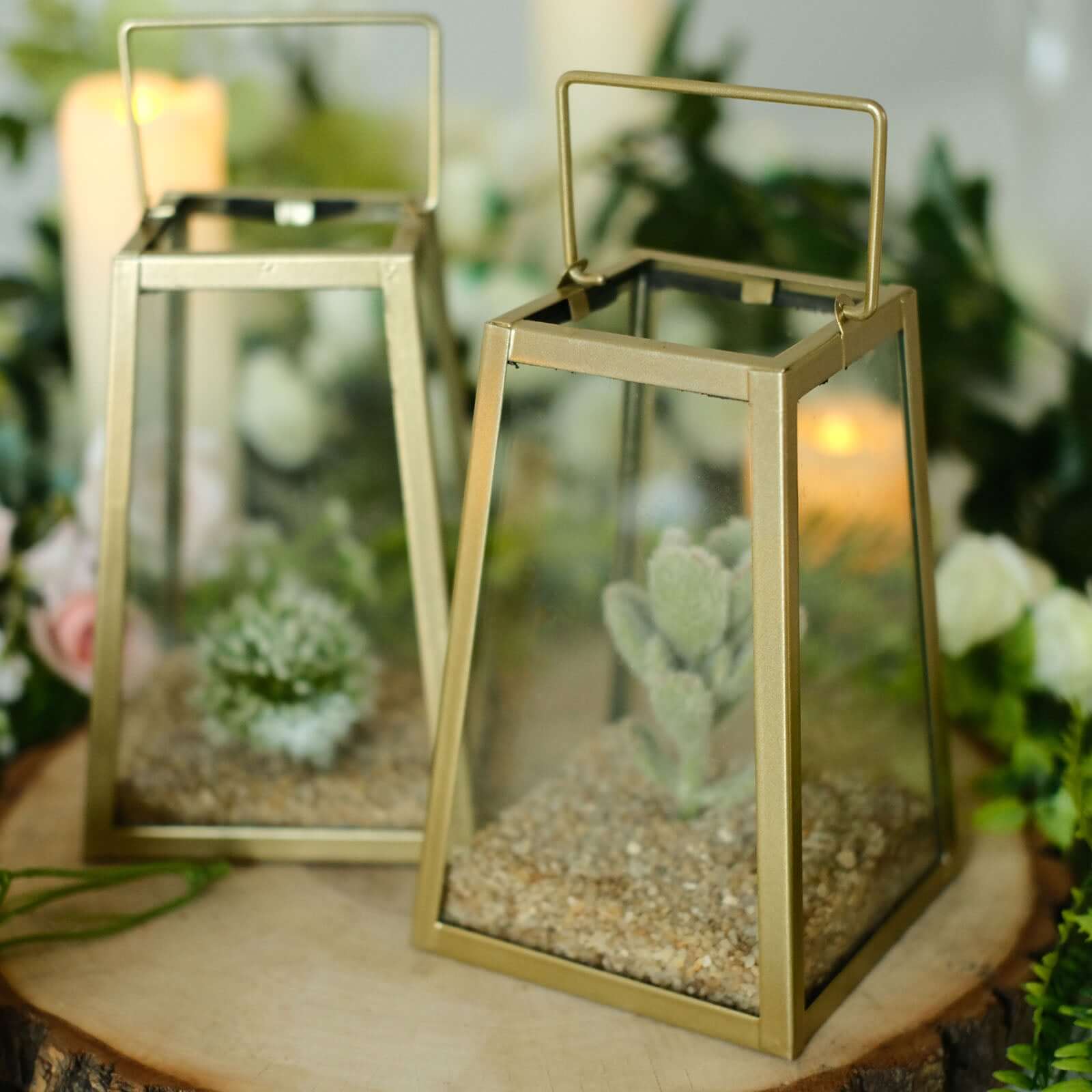 2-Pack Metal Candle Lanterns Trapezoid Geometric Design Gold - Hanging Terrariums Table Centerpieces for Indoor/Outdoor 6"