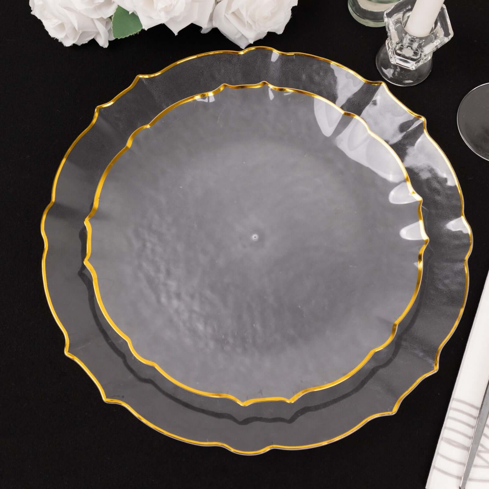 10-Pack Plastic 10" Round Dinner Plates in Clear Sunflower with Gold Scalloped Rim - Disposable Party Plates for Classy Events & Banquets