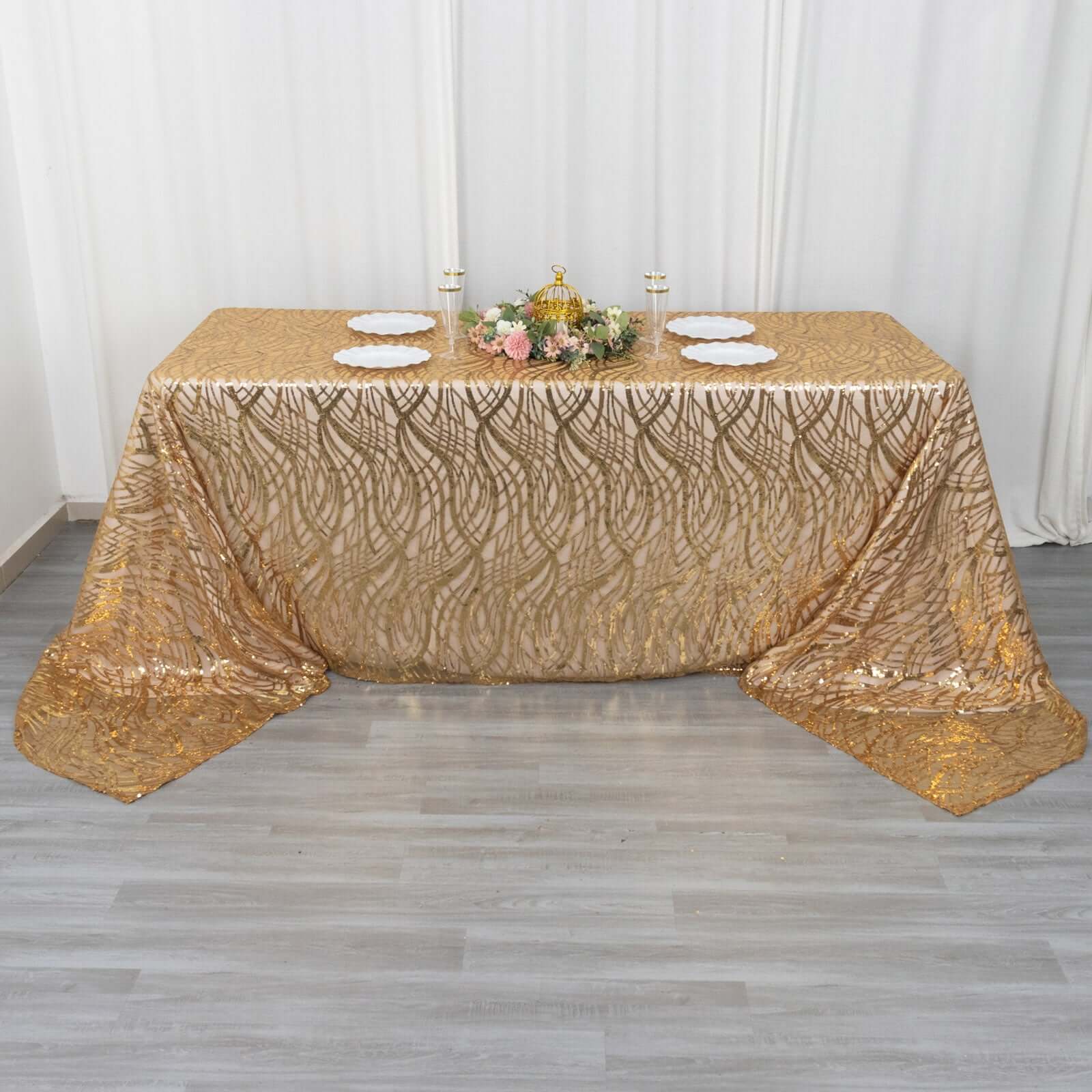 Mesh 90"x156" Rectangle Tablecloth Gold - Wave Sequin Embroidered Design for Refined Occasions