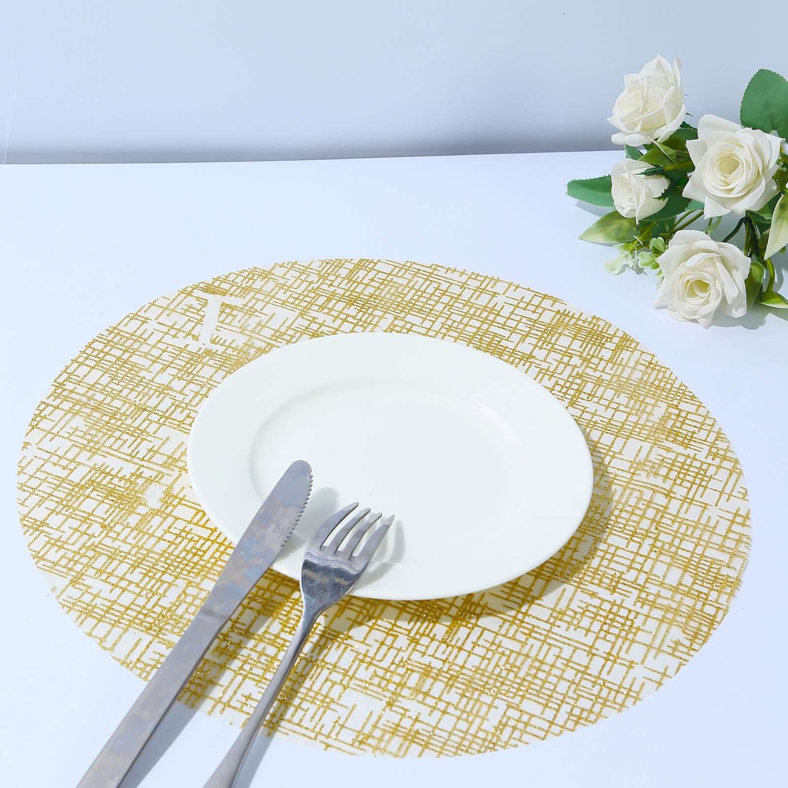 10-Pack Table Placemats Glitter Design Metallic Gold Round - Mesh Polyester Disposable Mats 13"