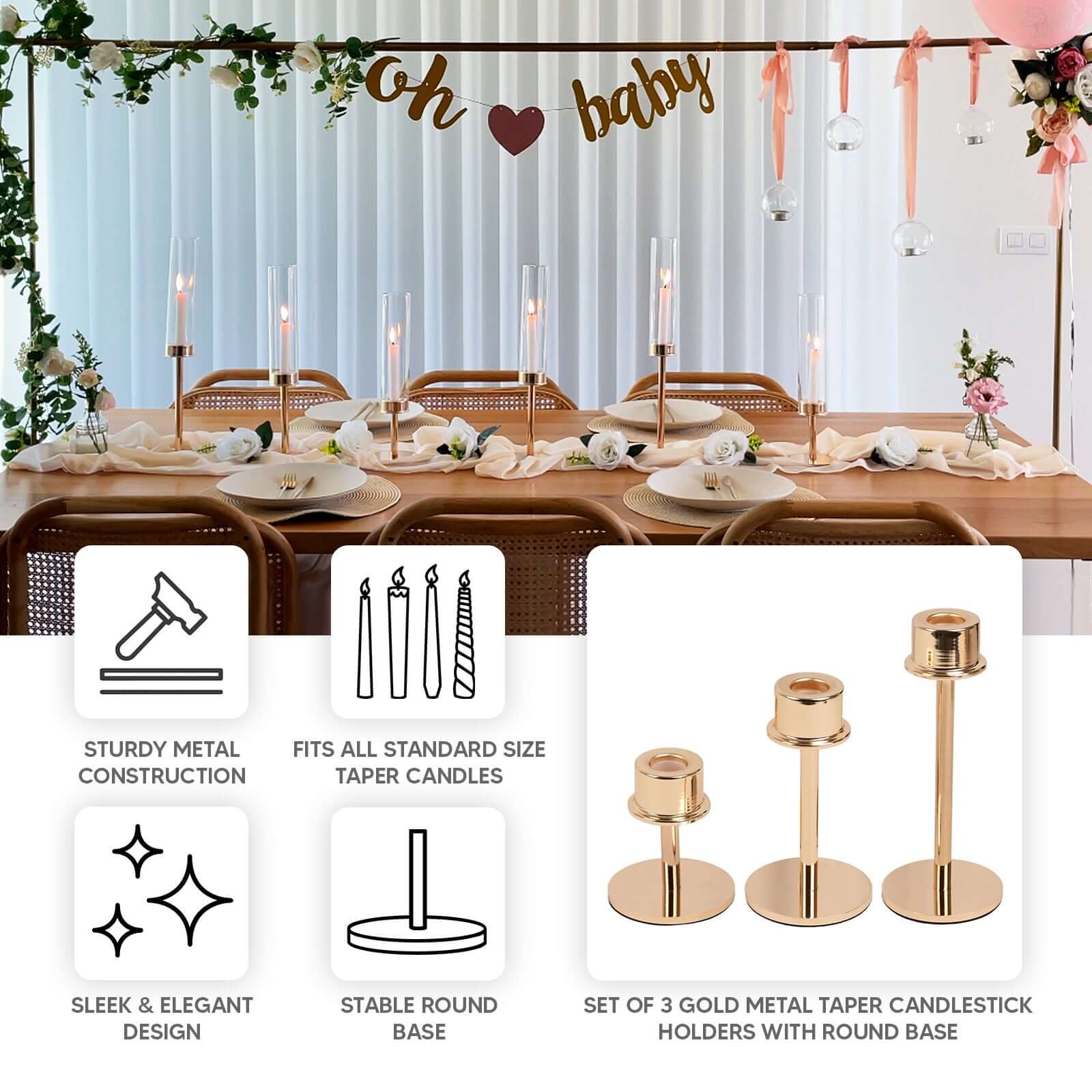 Set of 3 Metal Taper Candlestick Holders Gold with Round Base - Hurricane Candle Stands 3.5", 5.5", 8"