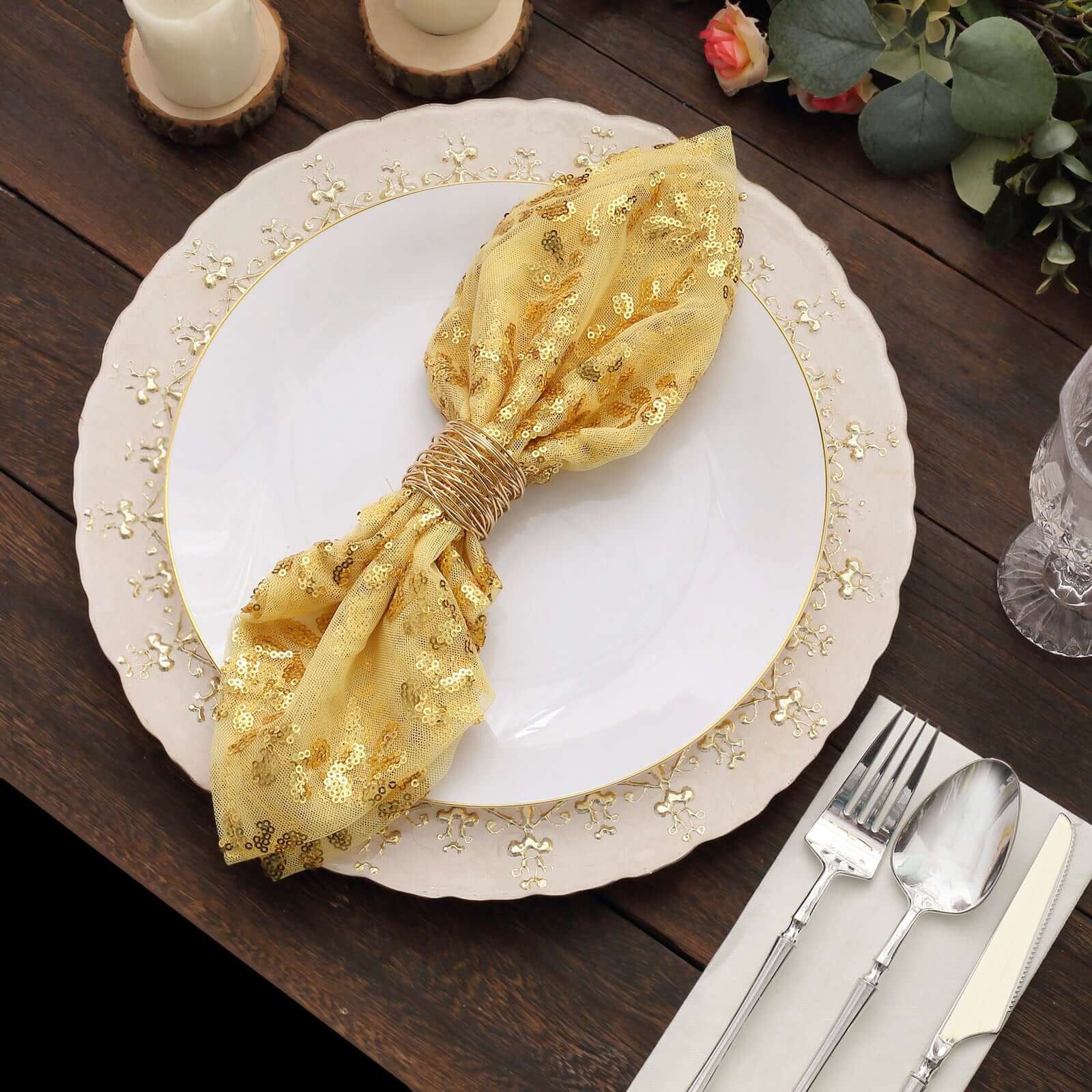 Sequin Tulle 20"x20" Napkin Gold Embroidered Leaf Vine Pattern - Shimmering Event Decor