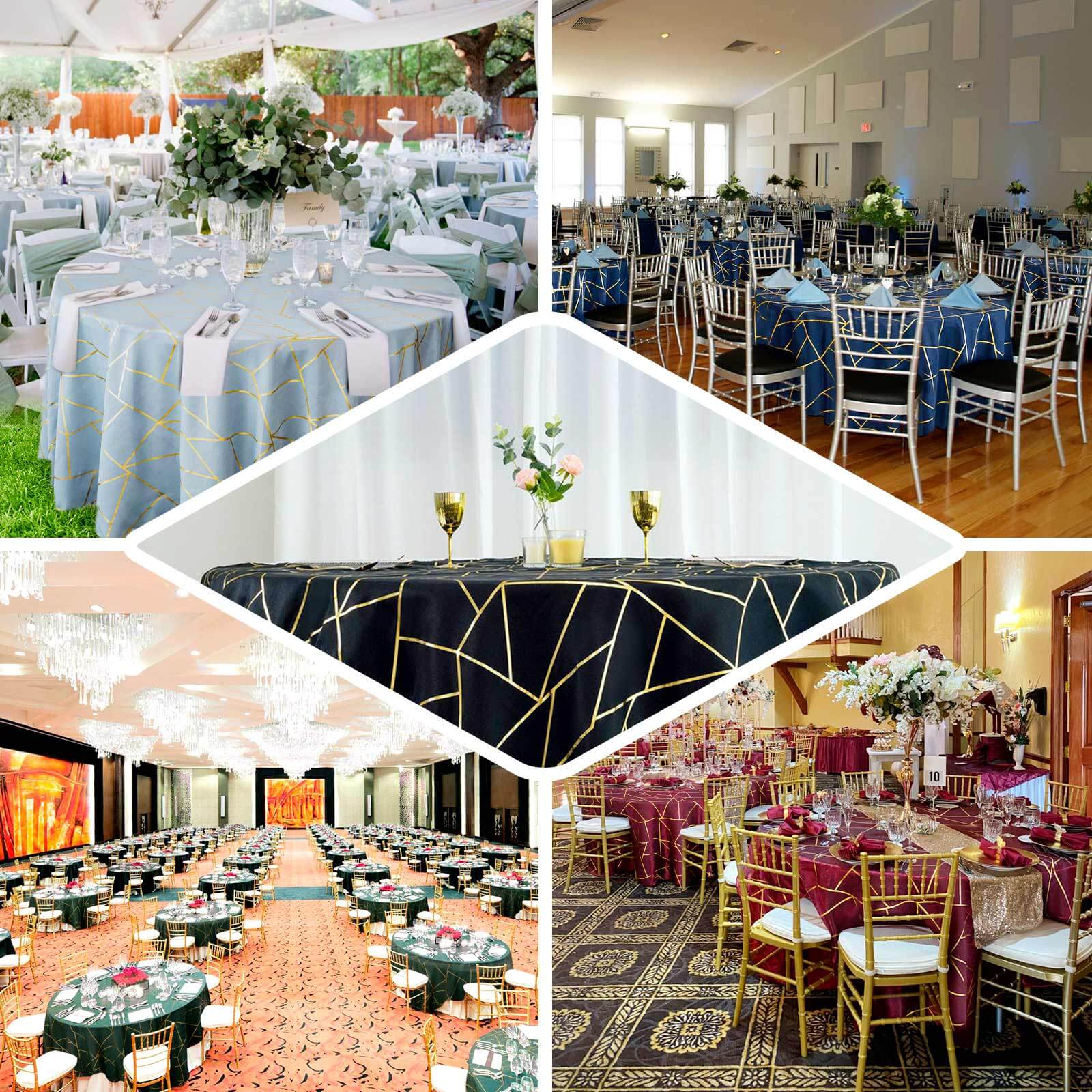 Polyester 120" Round Tablecloth Black with Gold Foil Geometric Pattern Wrinkle-Resistant Seamless Table Cover