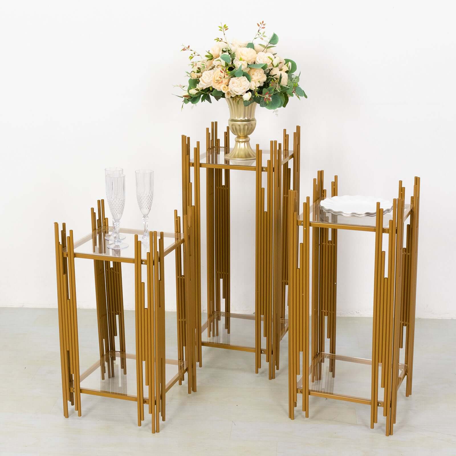Set of 3 Wedding Pedestal Stands Square Acrylic Plate Design Gold - Metal Flower Display Plinths 26",30",34"