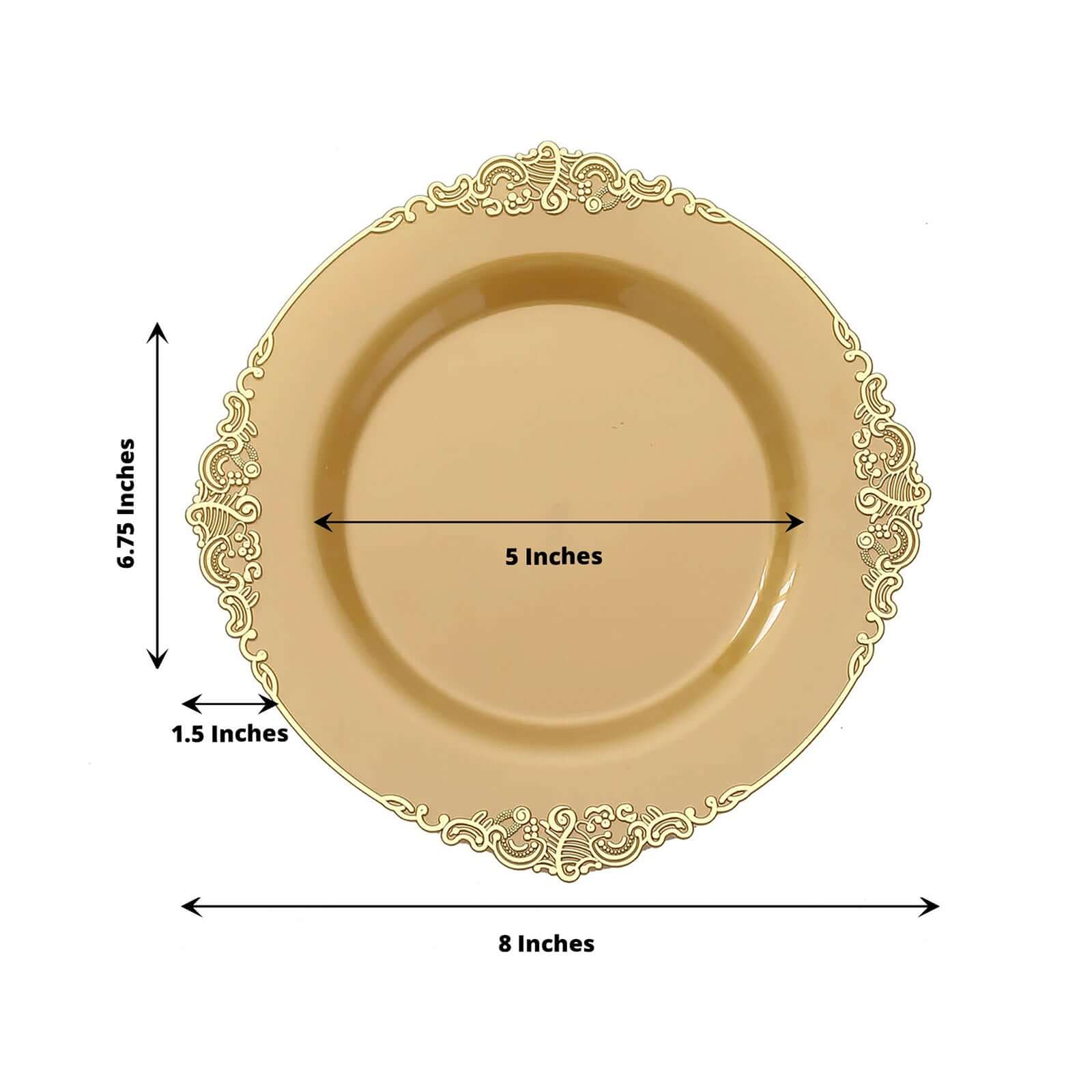 10-Pack Plastic 8" Round Dessert Plates in Gold with Leaf Embossed Rim - Disposable Vintage Baroque Style Salad Plates for Luxurious Gatherings & Events