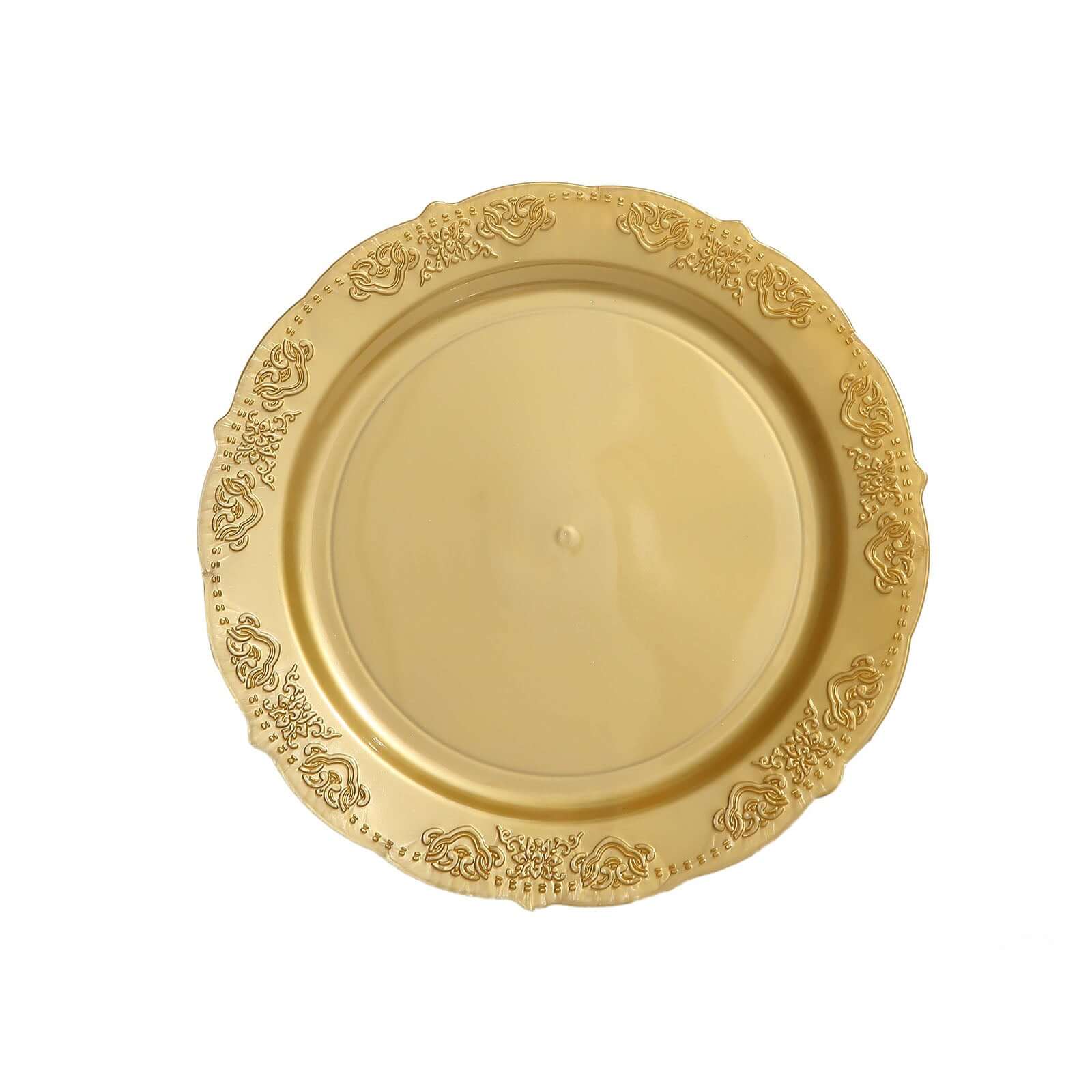 10-Pack Plastic 7.5" Round Appetizer Plates Gold Embossed Scalloped Edge - Chic Disposable Salad Plates for Special Occasions & Banquets