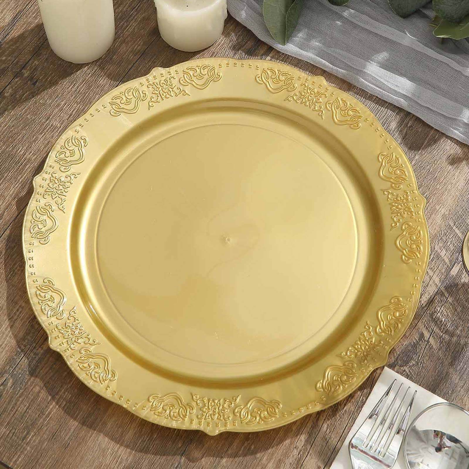 10-Pack Plastic 10" Round Dinner Plates Gold Embossed Scalloped Edge - Chic Disposable Party Plates for Special Occasions & Banquets