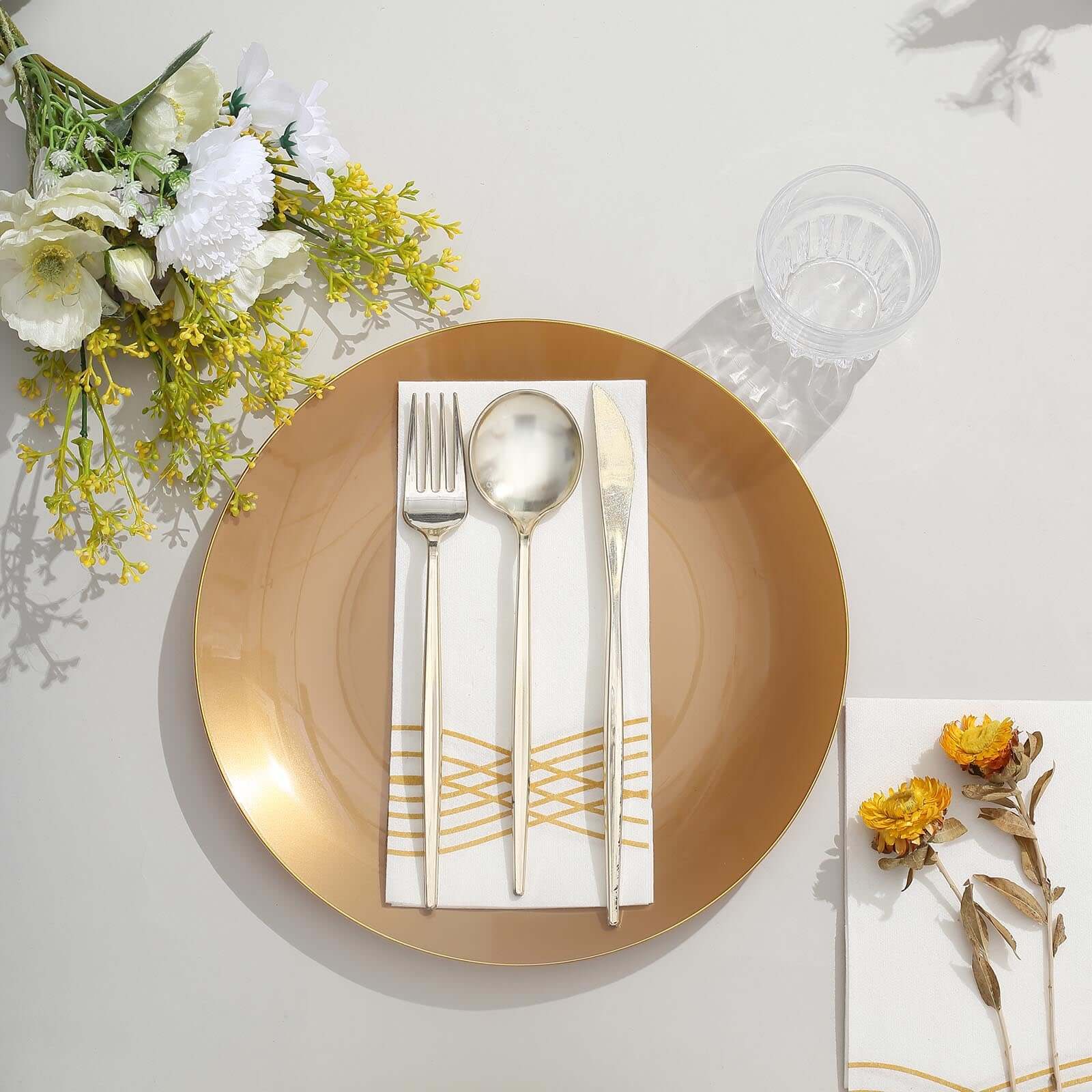 10-Pack Plastic 10" Round Dinner Plates in Gold with Gold Rim - Glossy Disposable Party Plates
