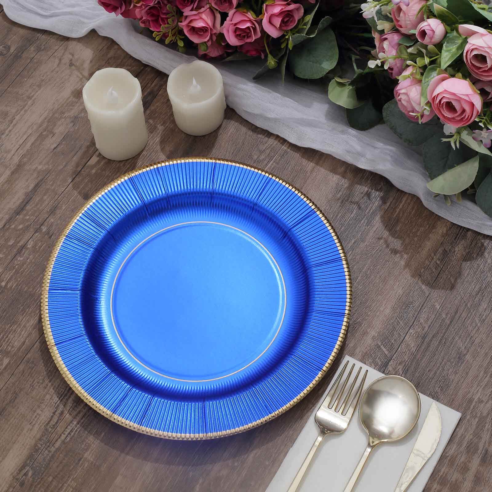 25-Pack Paper 10" Round Dinner Plates in Royal Blue Sunray Design with Gold Rim - Disposable Heavy Duty 350GSM Party Plates