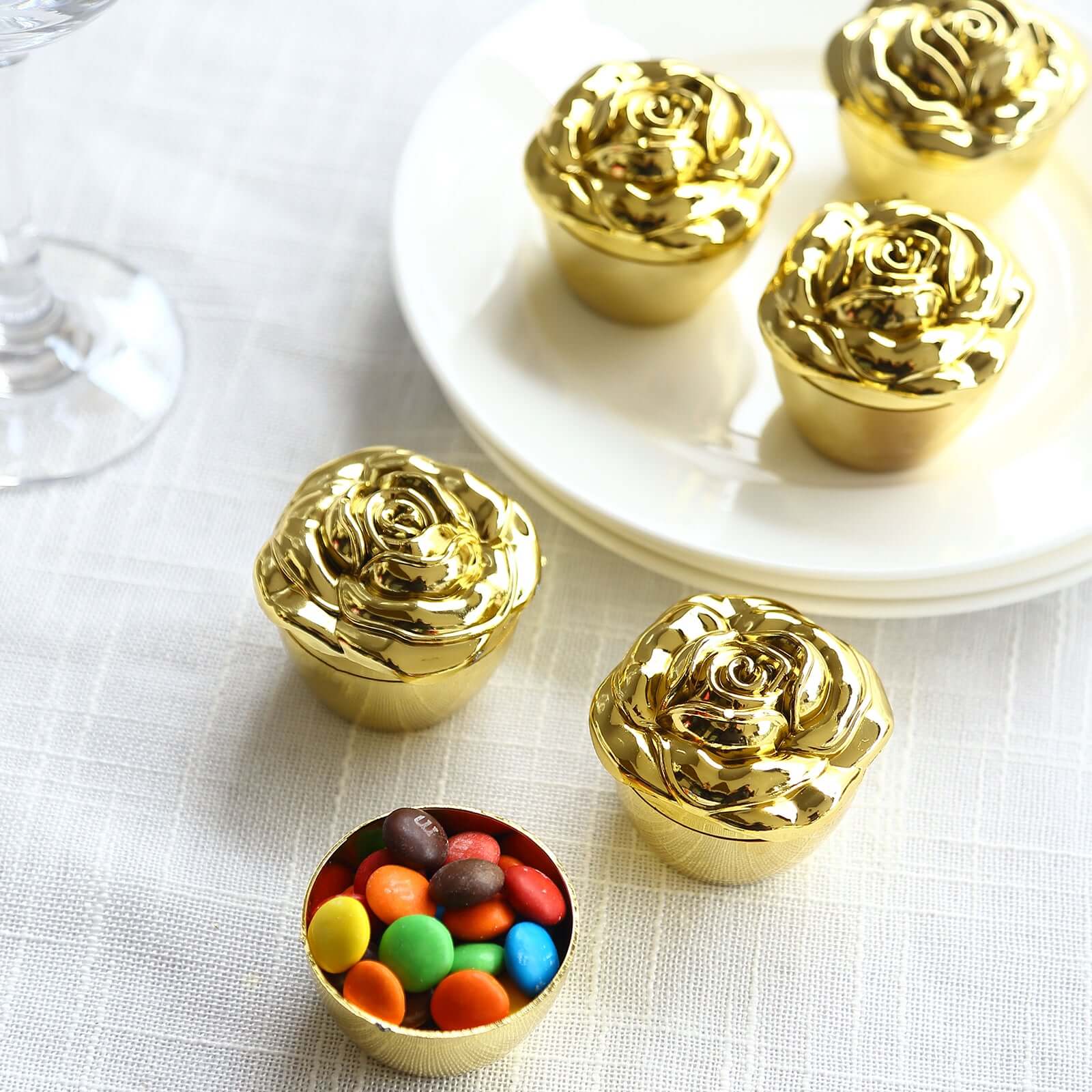 20-Pack Plastic Fillable Mini Candy Container in Vintage Rose Style Gold with Lids - Stylish Candy Treat Favor Boxes 2"