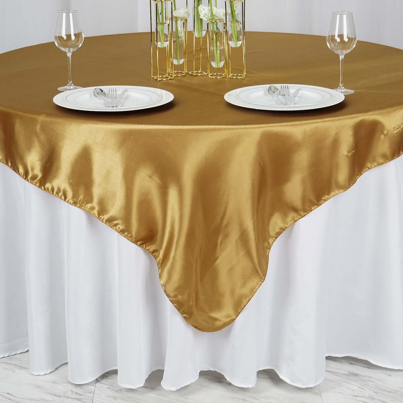 Satin 90"x90" Table Overlay Square Tablecloth Gold - Smooth Finish for Luxurious Events