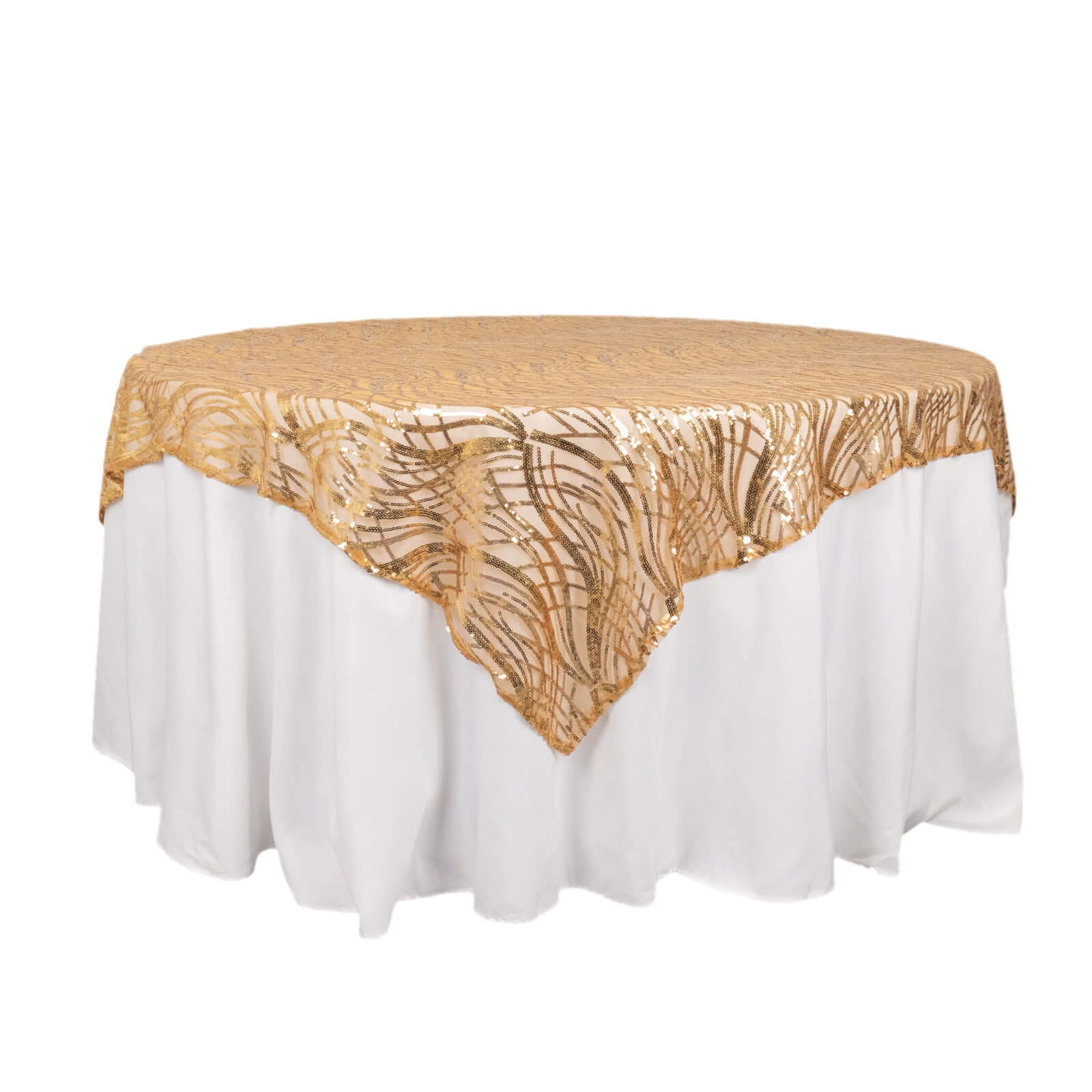 Mesh 72"x72" Table Overlay Square Tablecloth Gold Wave Design with Embroidered Sequins for Stylish Occasions